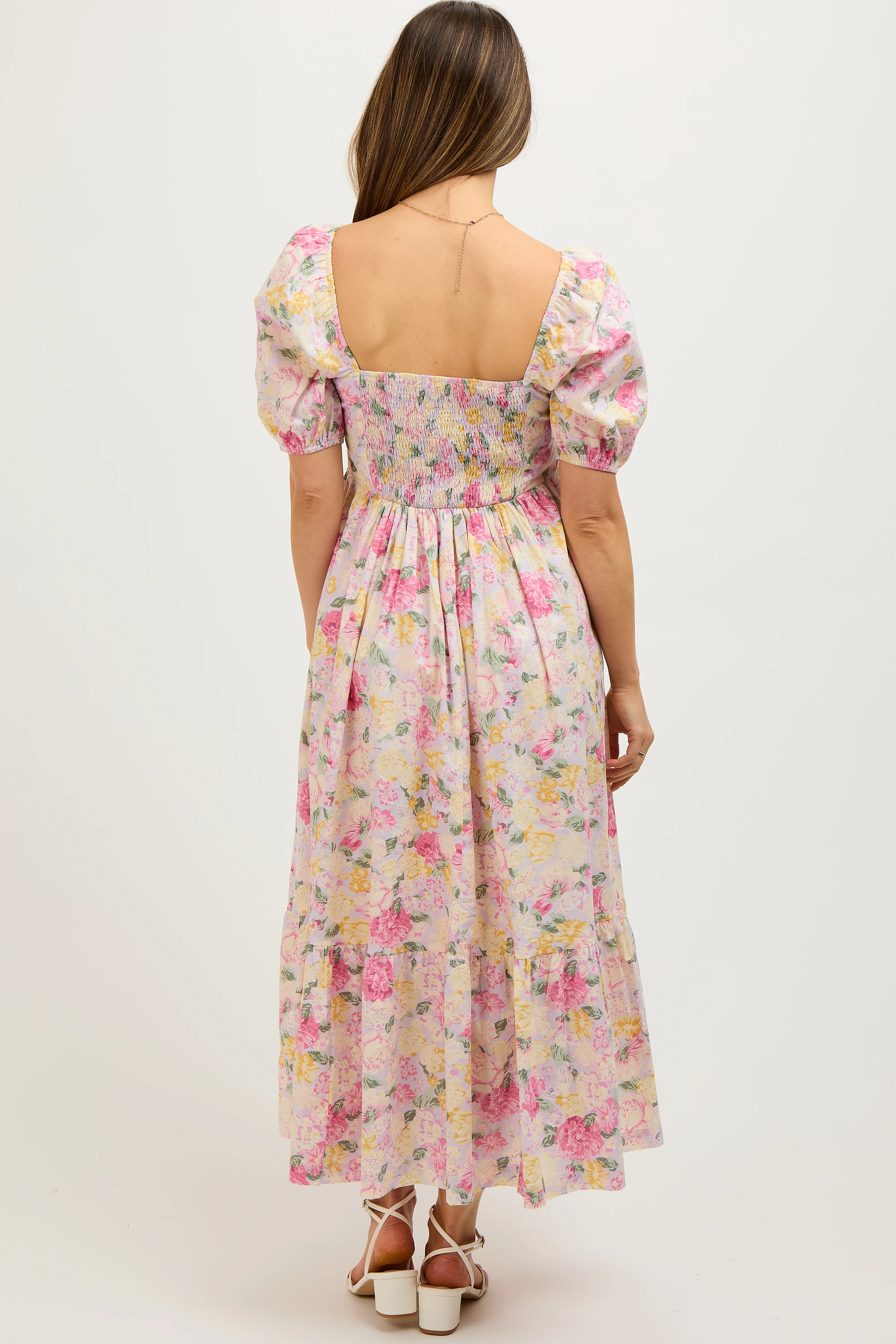 Lavender Floral Pleated Puff Sleeve Maternity Midi Dress - Image 4