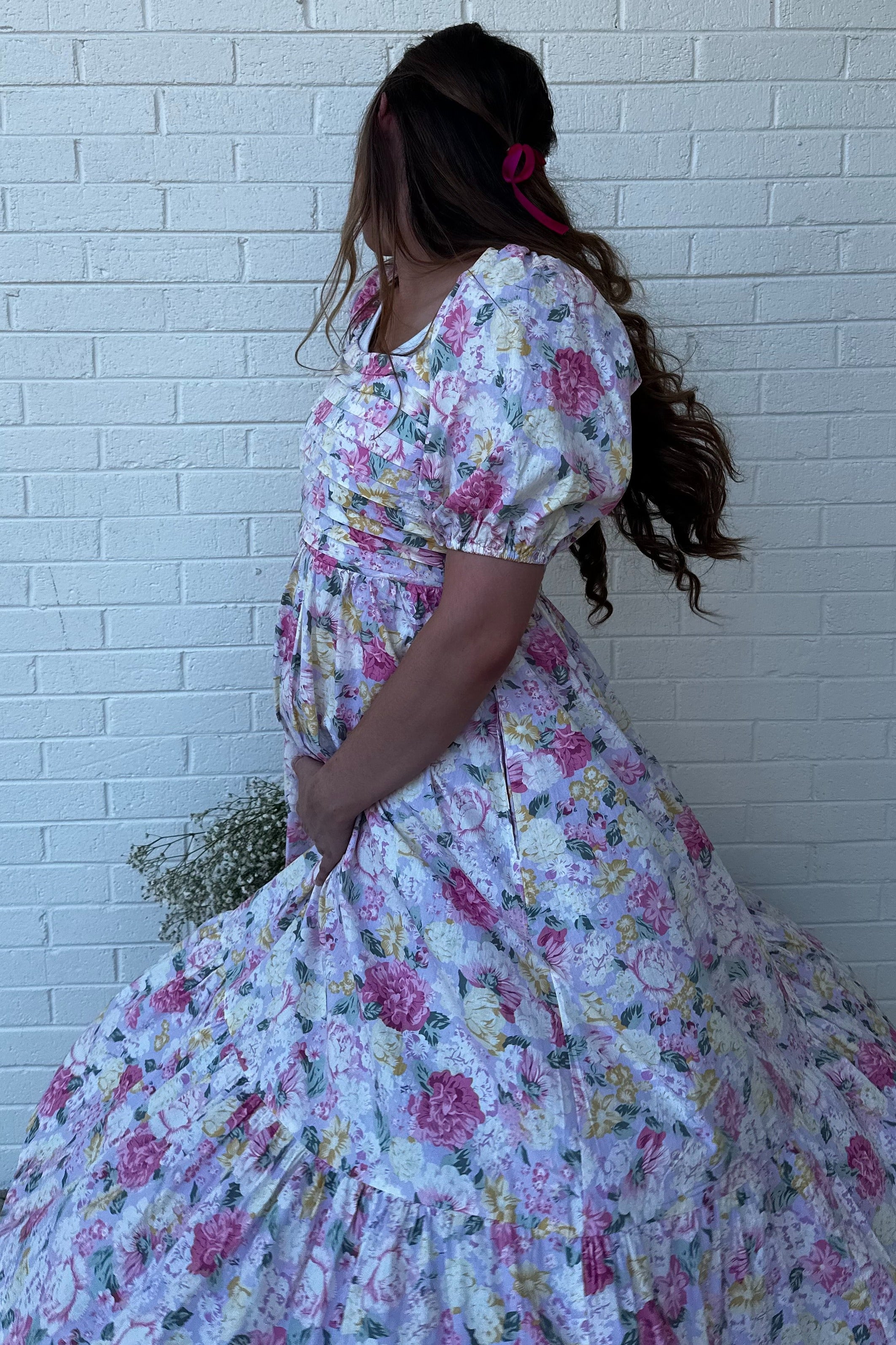 Lavender Floral Pleated Puff Sleeve Maternity Midi Dress - Image 6