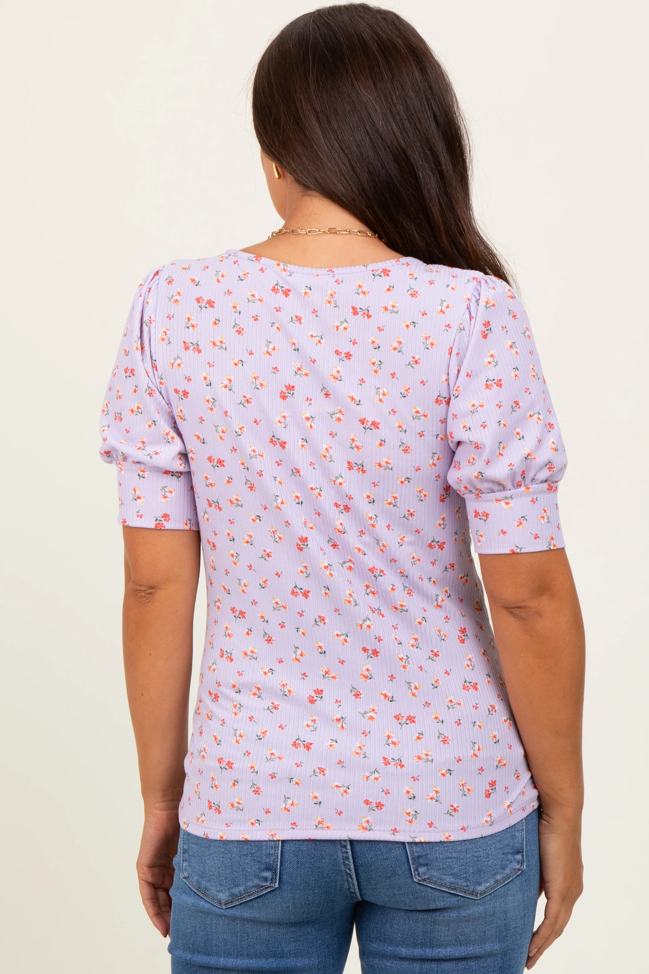 Lavender Floral Ribbed Puff Sleeve Maternity Top - Image 4