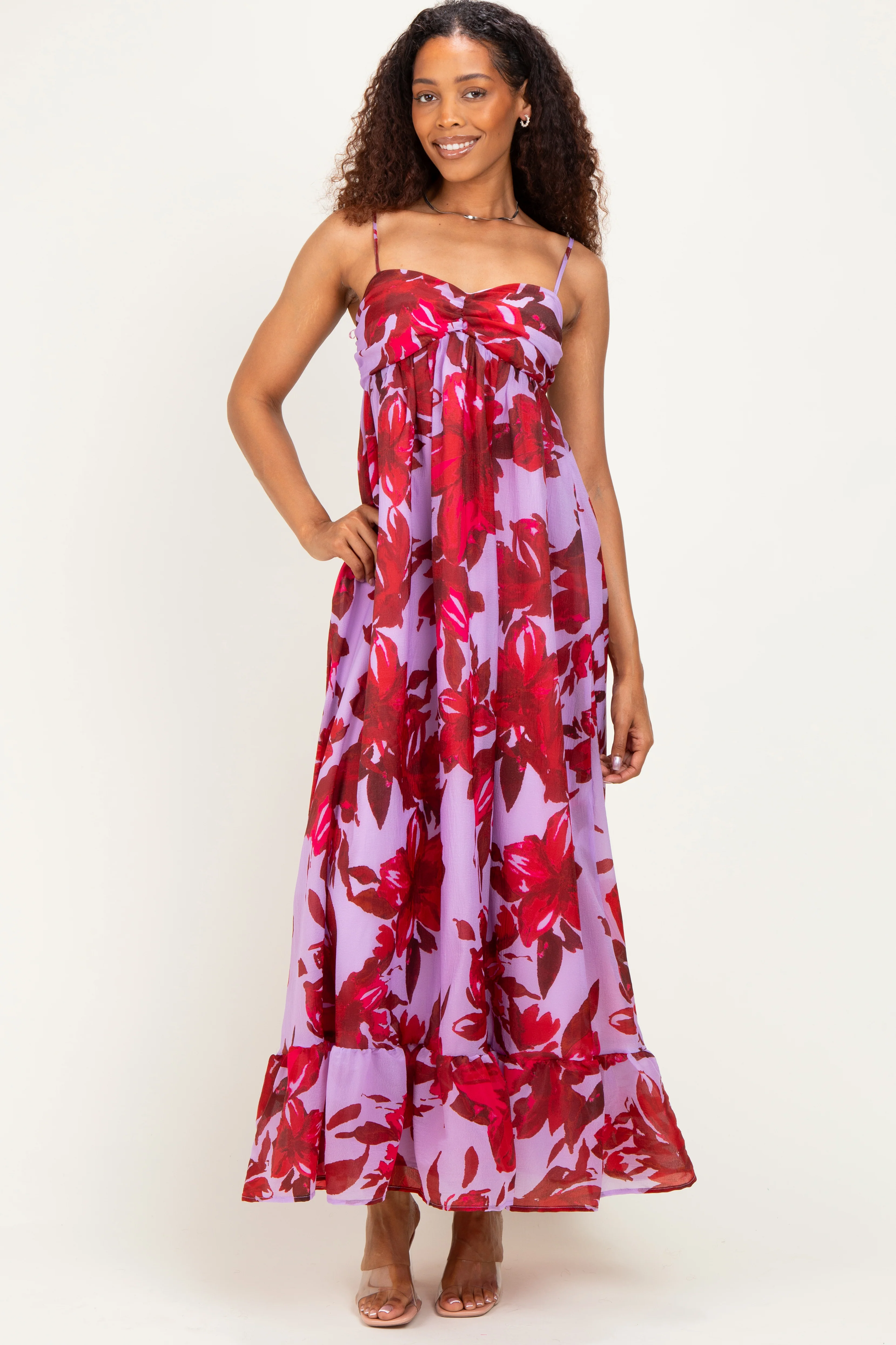 Lavender Floral Ruffle Hem Maternity Maxi Dress - Image 4