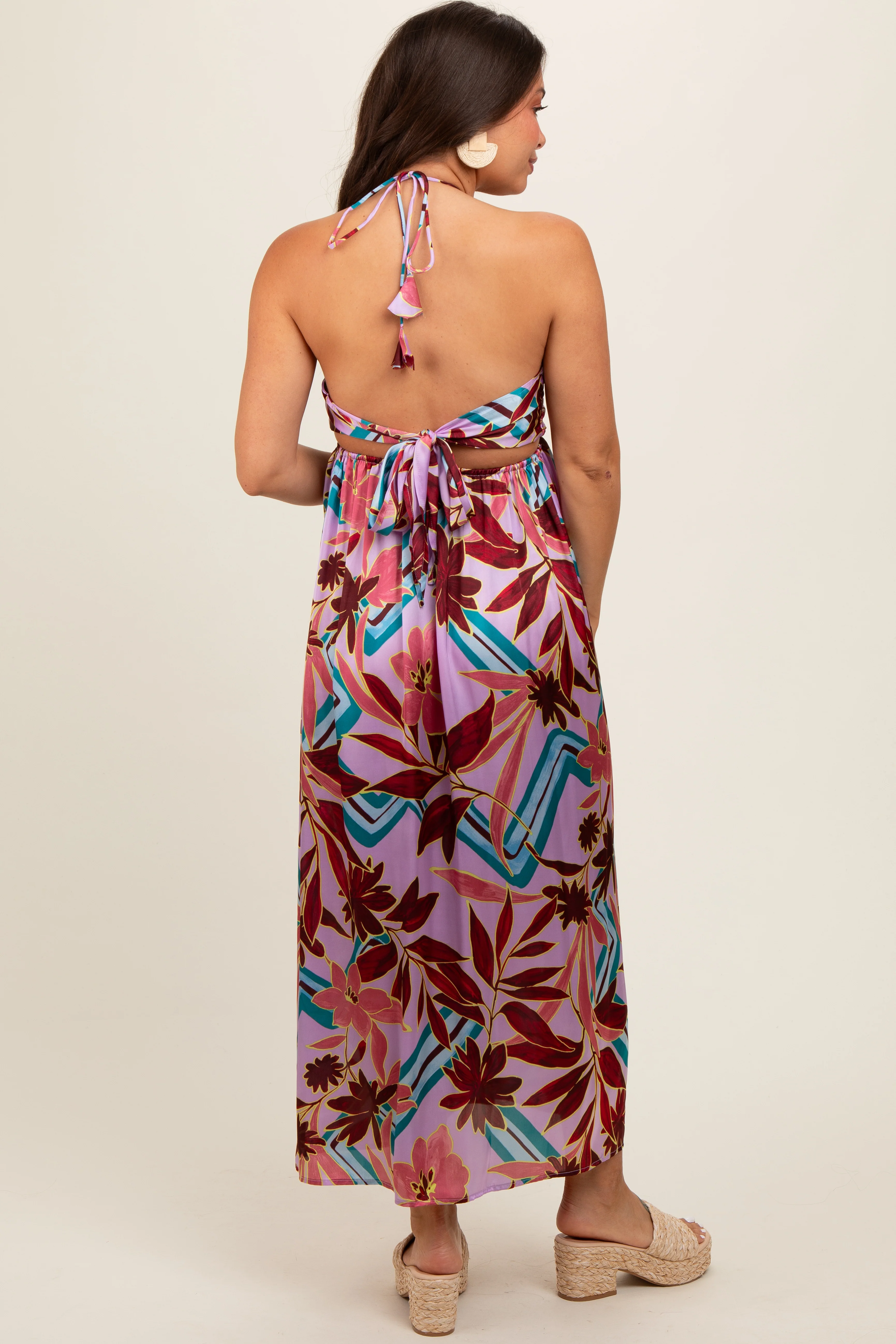 Lavender Floral Satin Halter Maternity Midi Dress - Image 4