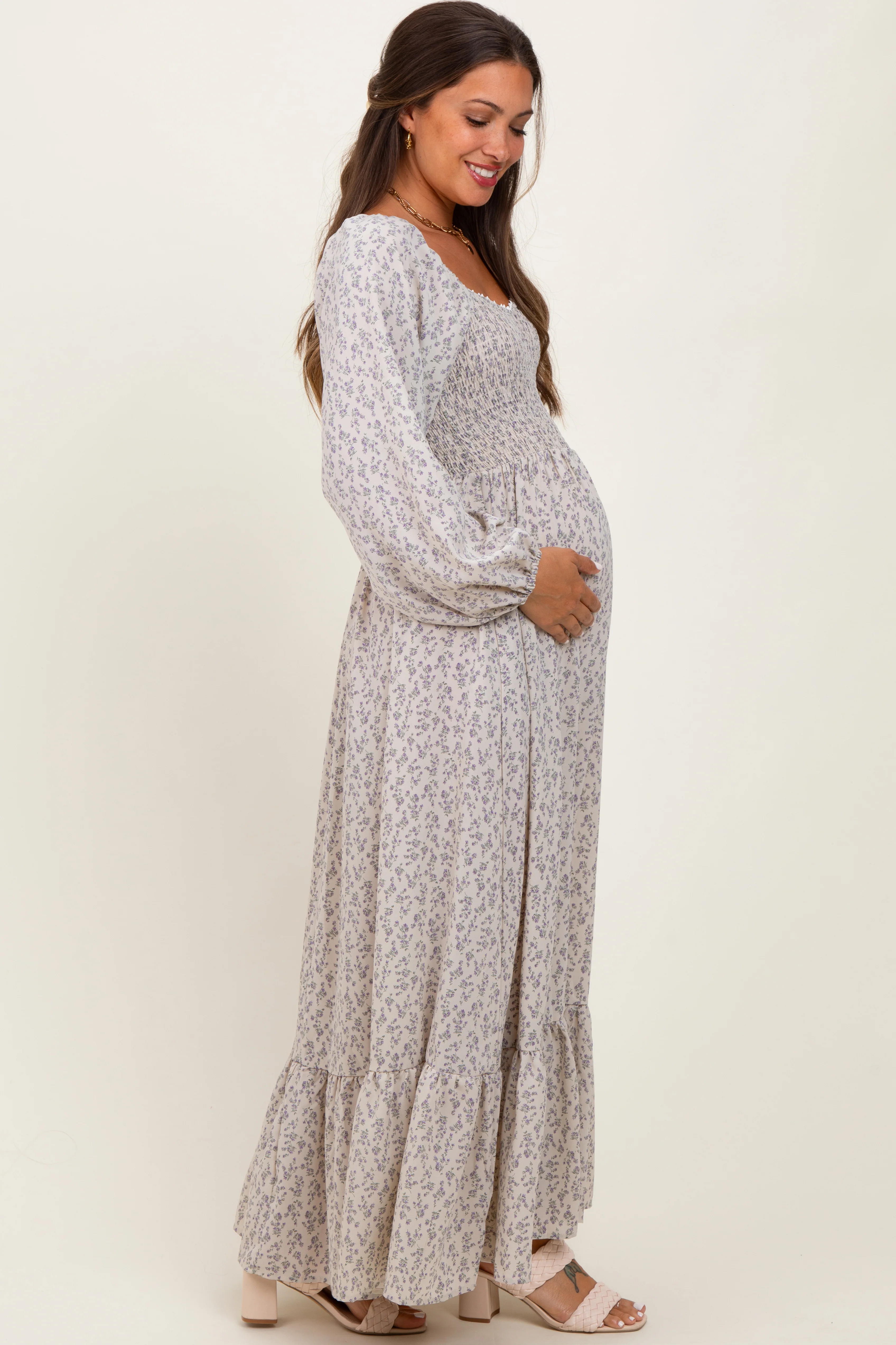 Lavender Floral Smocked Lace Trim Sweetheart Maternity Maxi Dress - Image 3