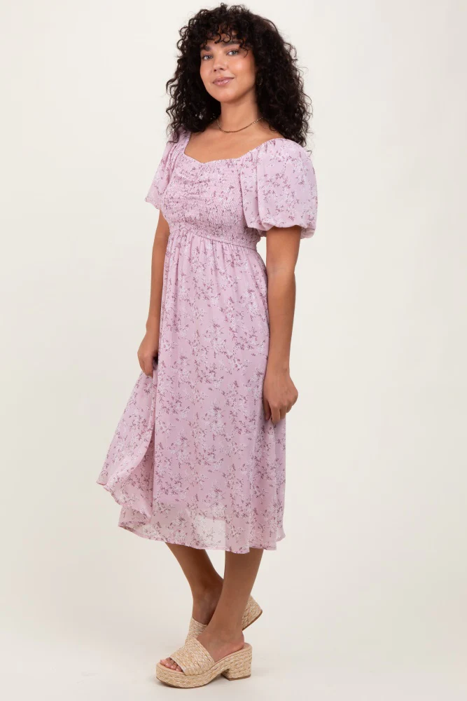 Lavender Floral Smocked Short Sleeve Midi Dress - Image 3