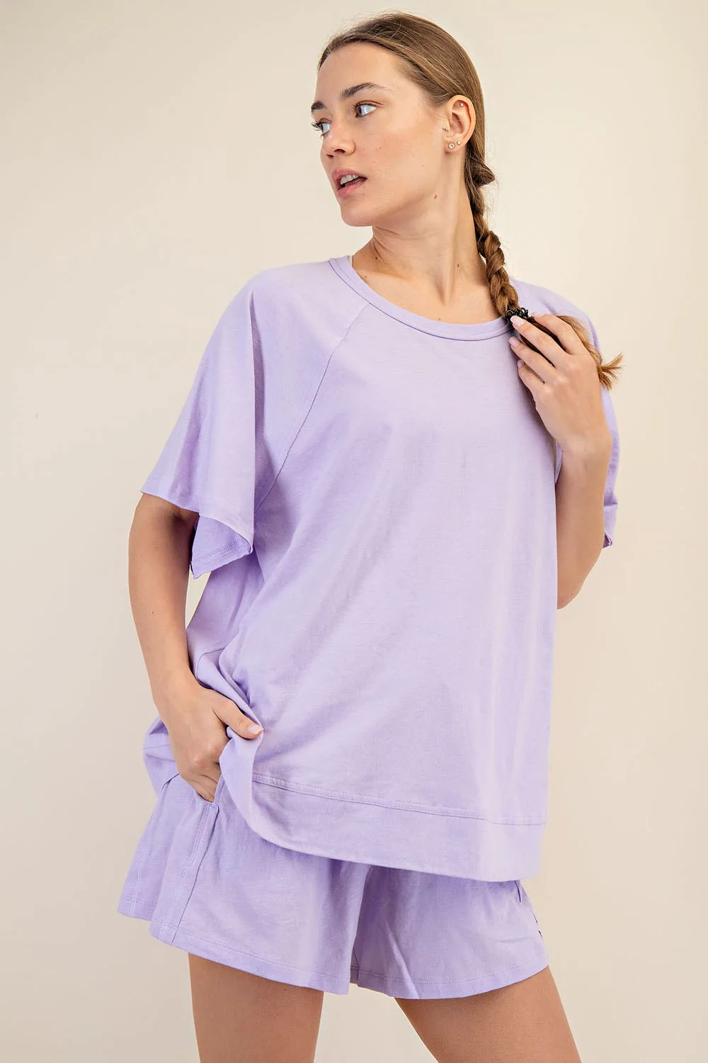 Lavender Oversized Raw Hem Short Sleeve Maternity Tee - Image 3
