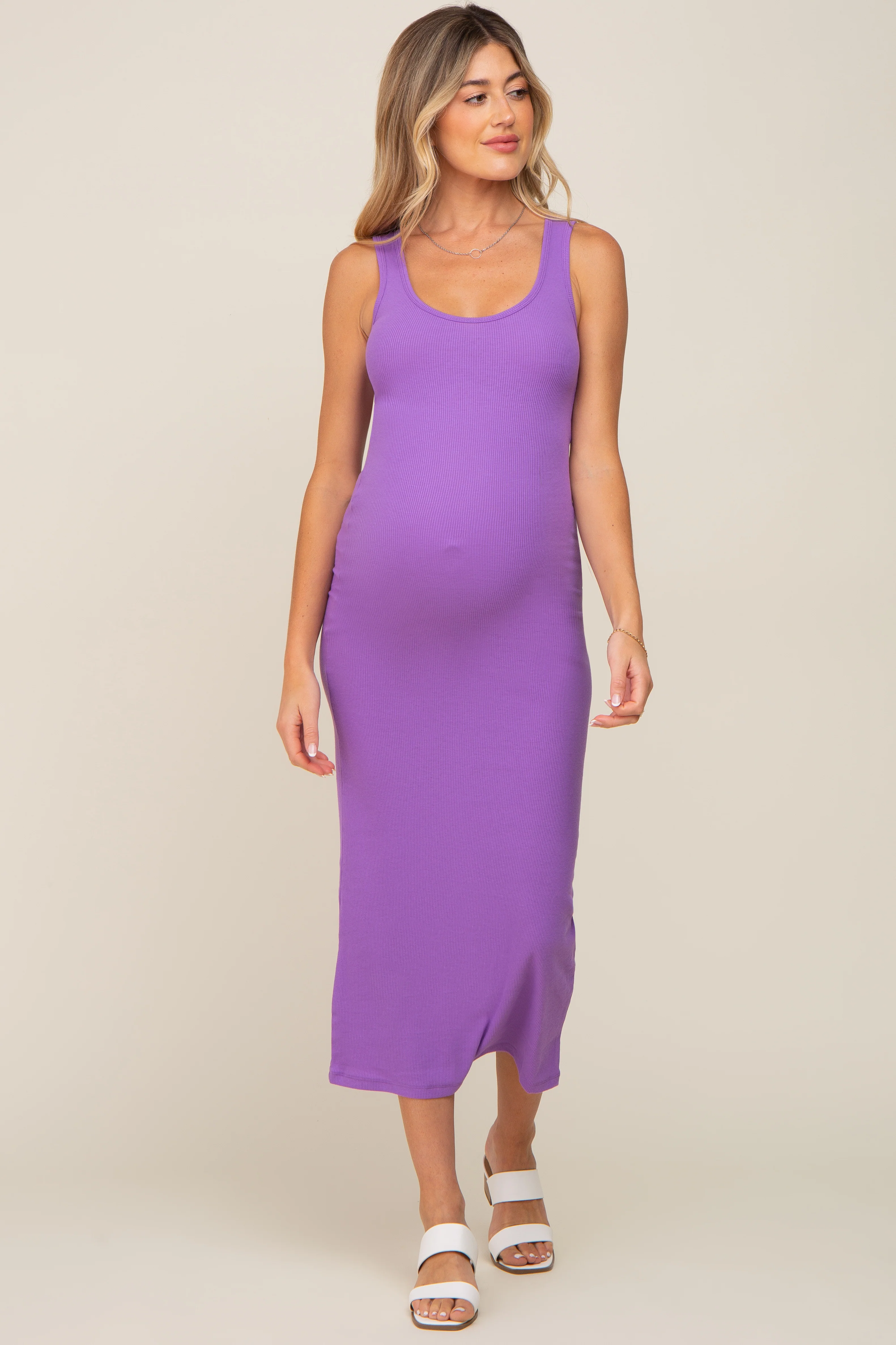 Lavender Ribbed Basic Maternity Maxi Dress - Image 4