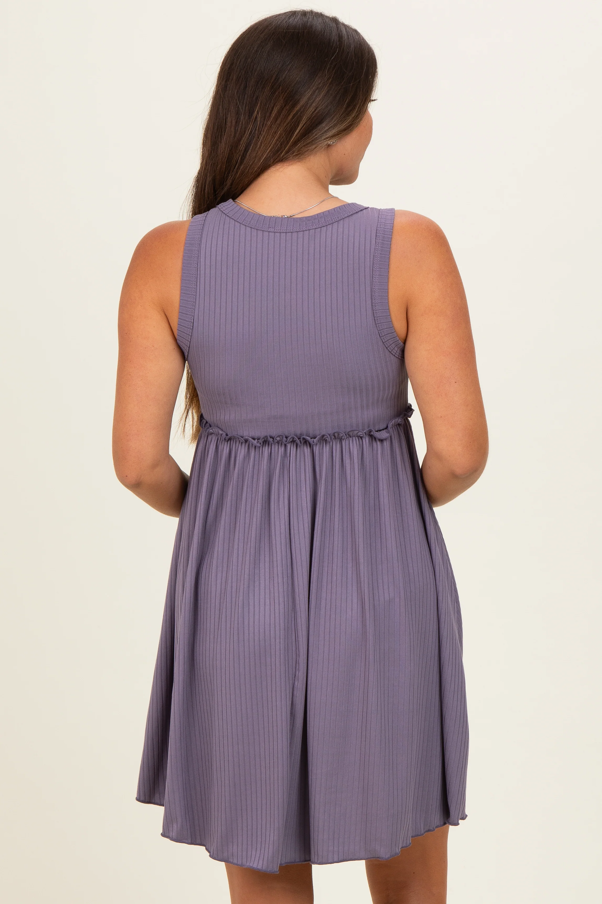 Lavender Ribbed Sleeveless Lettuce Trim Maternity Mini Dress - Image 4