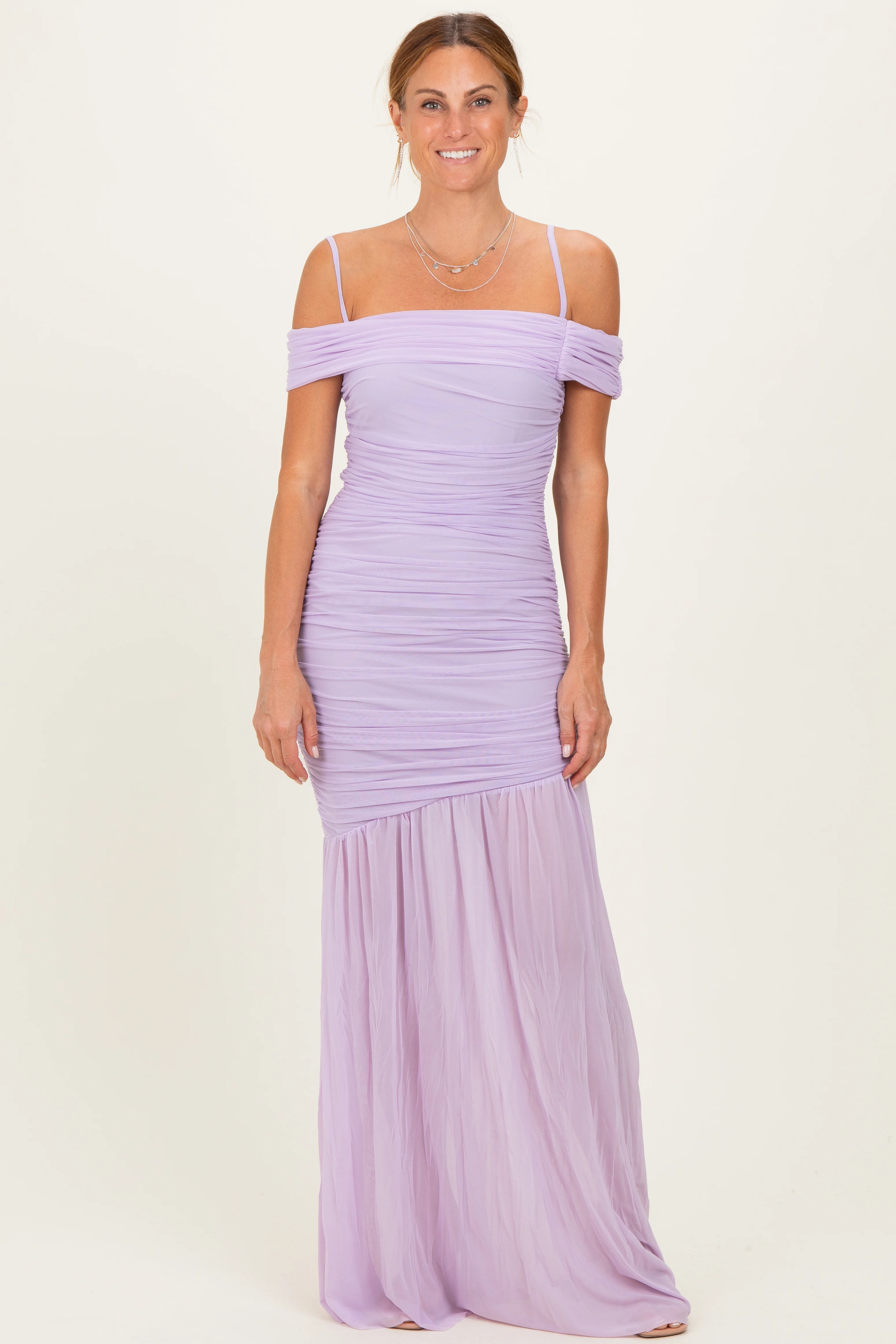 Lavender Ruched Mesh Off Shoulder Maternity Maxi Dress - Image 6