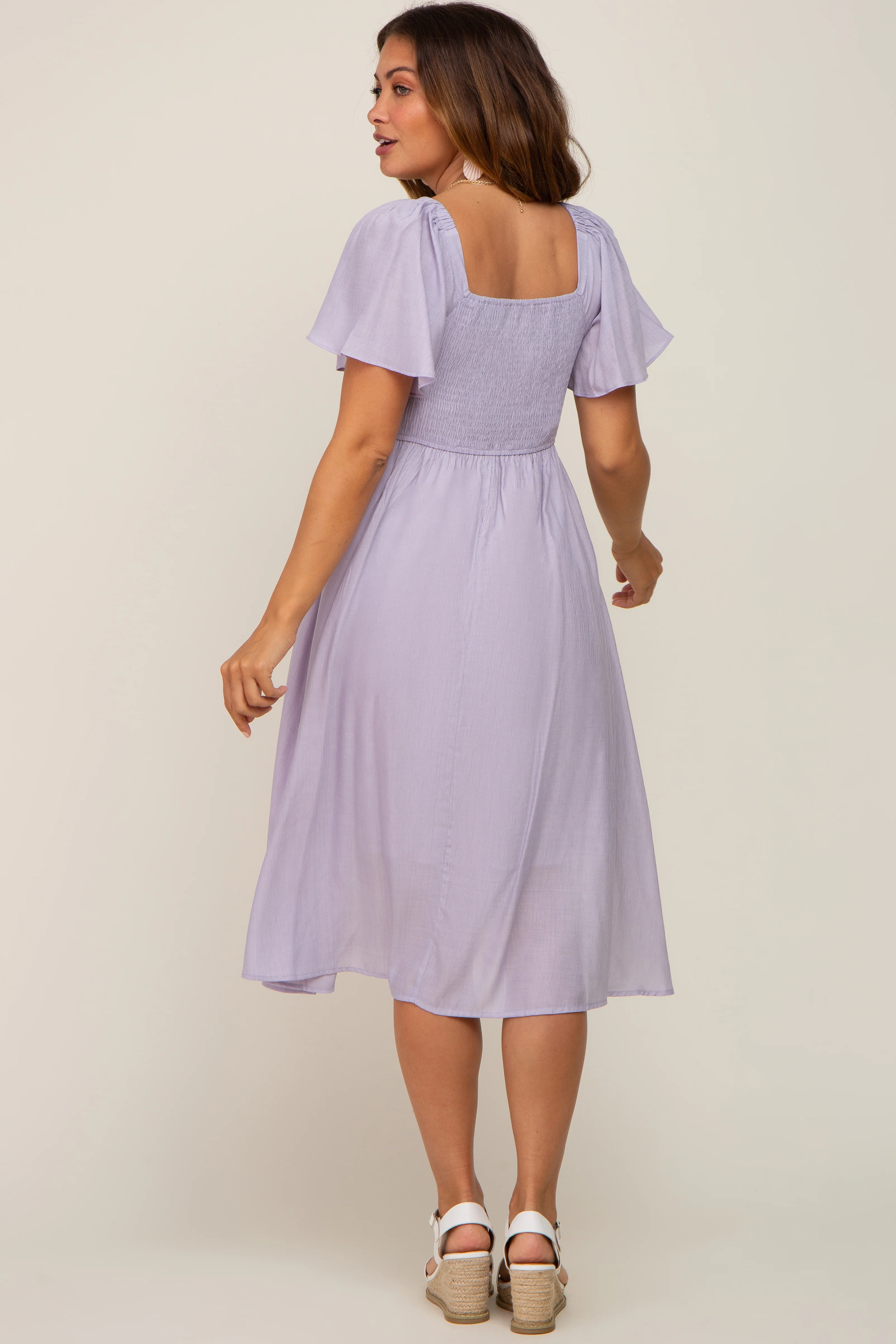 Lavender Smocked Square Neck Flutter Short Sleeve Maternity Midi Dress - Image 3