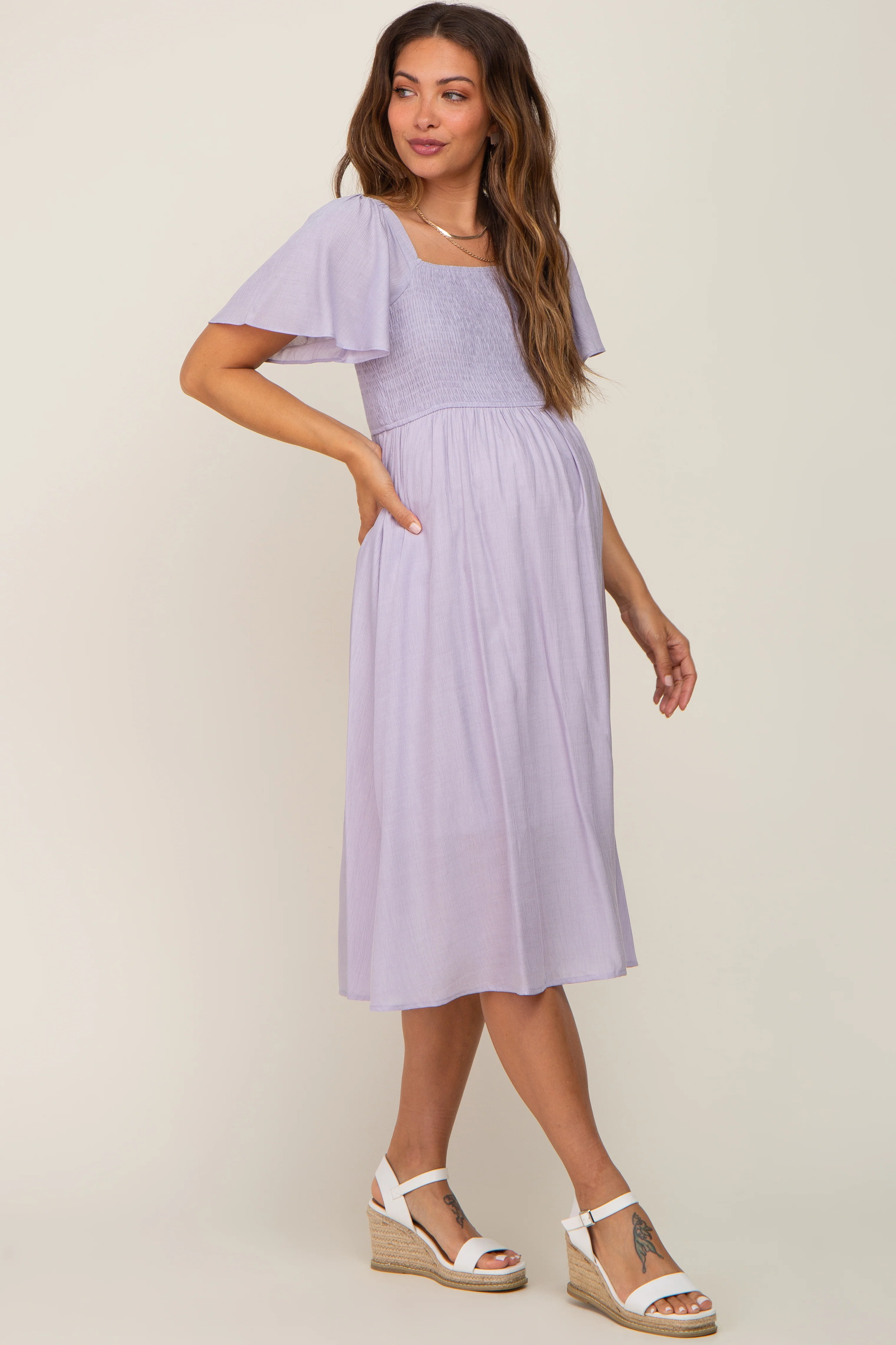 Lavender Smocked Square Neck Flutter Short Sleeve Maternity Midi Dress - Image 4
