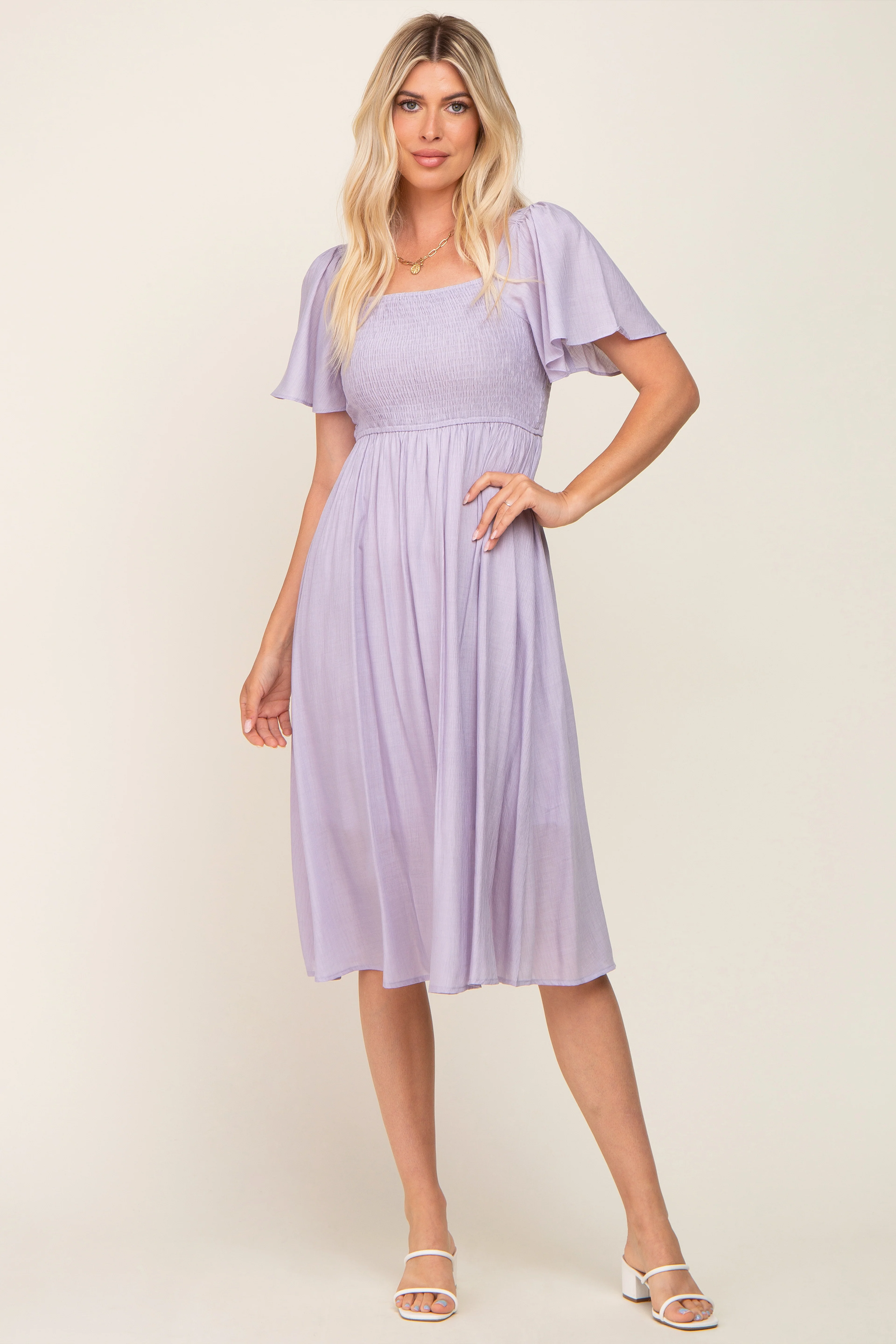 Lavender Smocked Square Neck Flutter Short Sleeve Maternity Midi Dress - Image 6