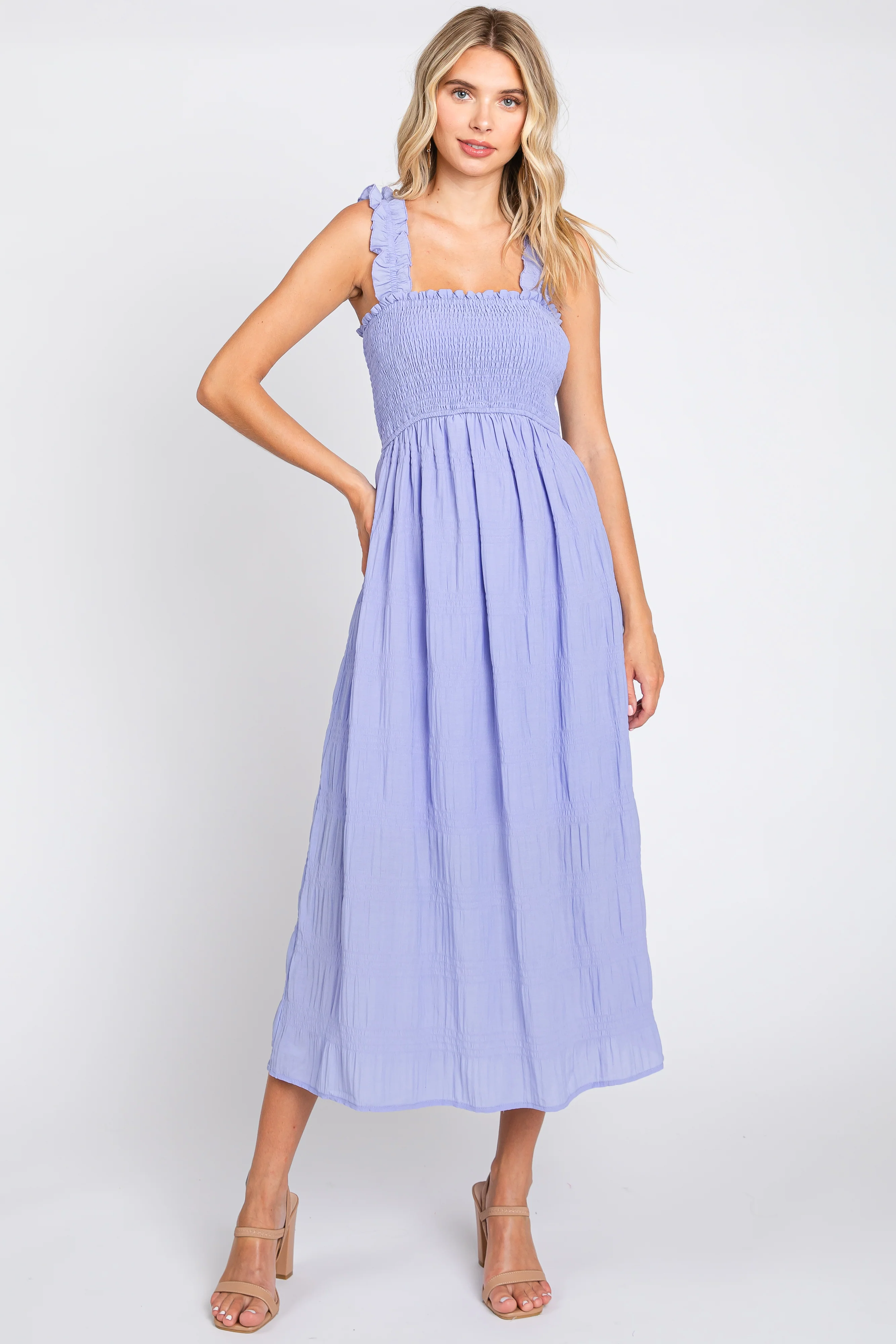 Lavender Smocked Square Neck Maternity Midi Dress - Image 5
