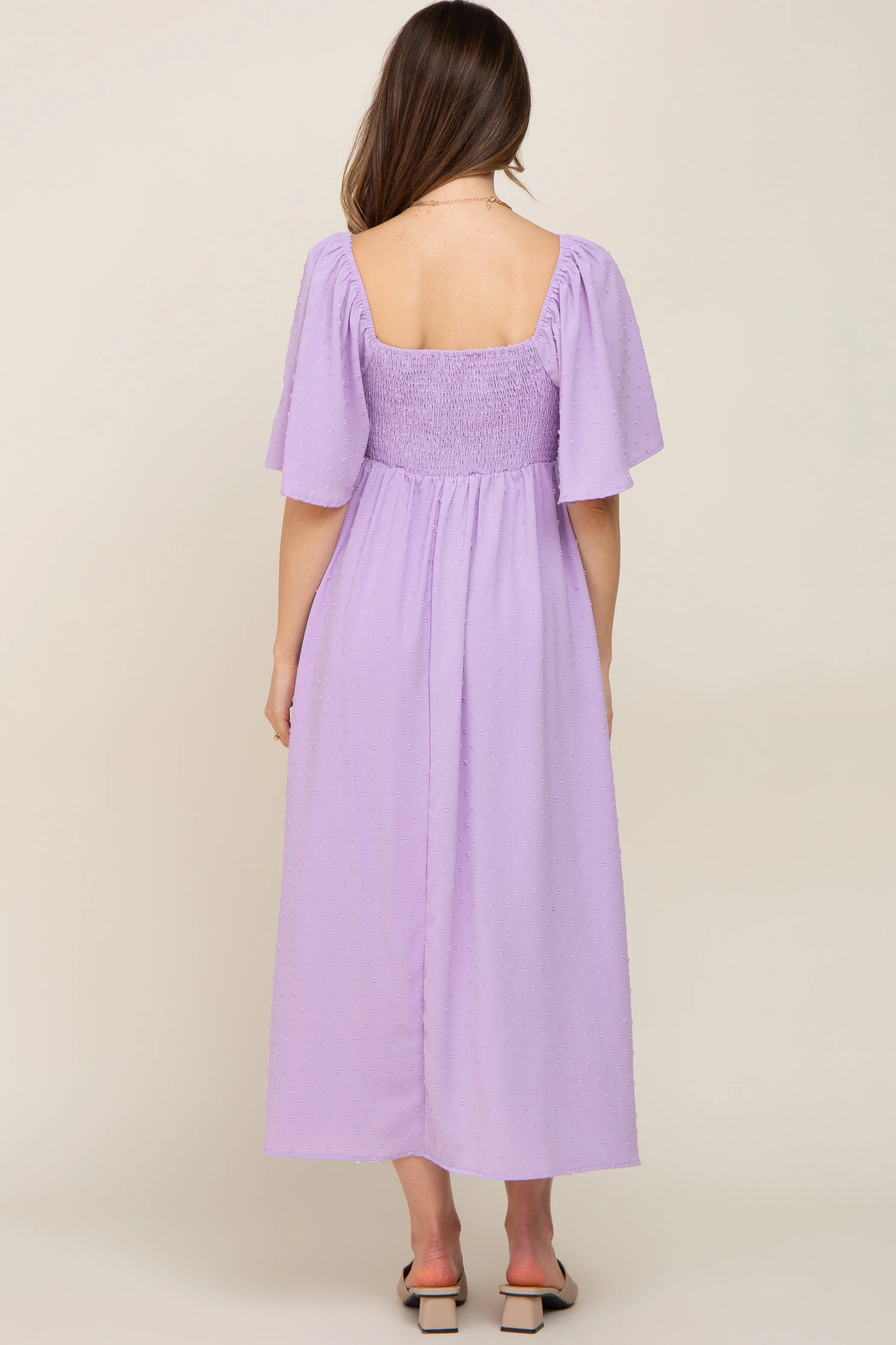 Lavender Textured Dot Front Tie Ruffle Sleeve Maternity Midi Dress - Image 3