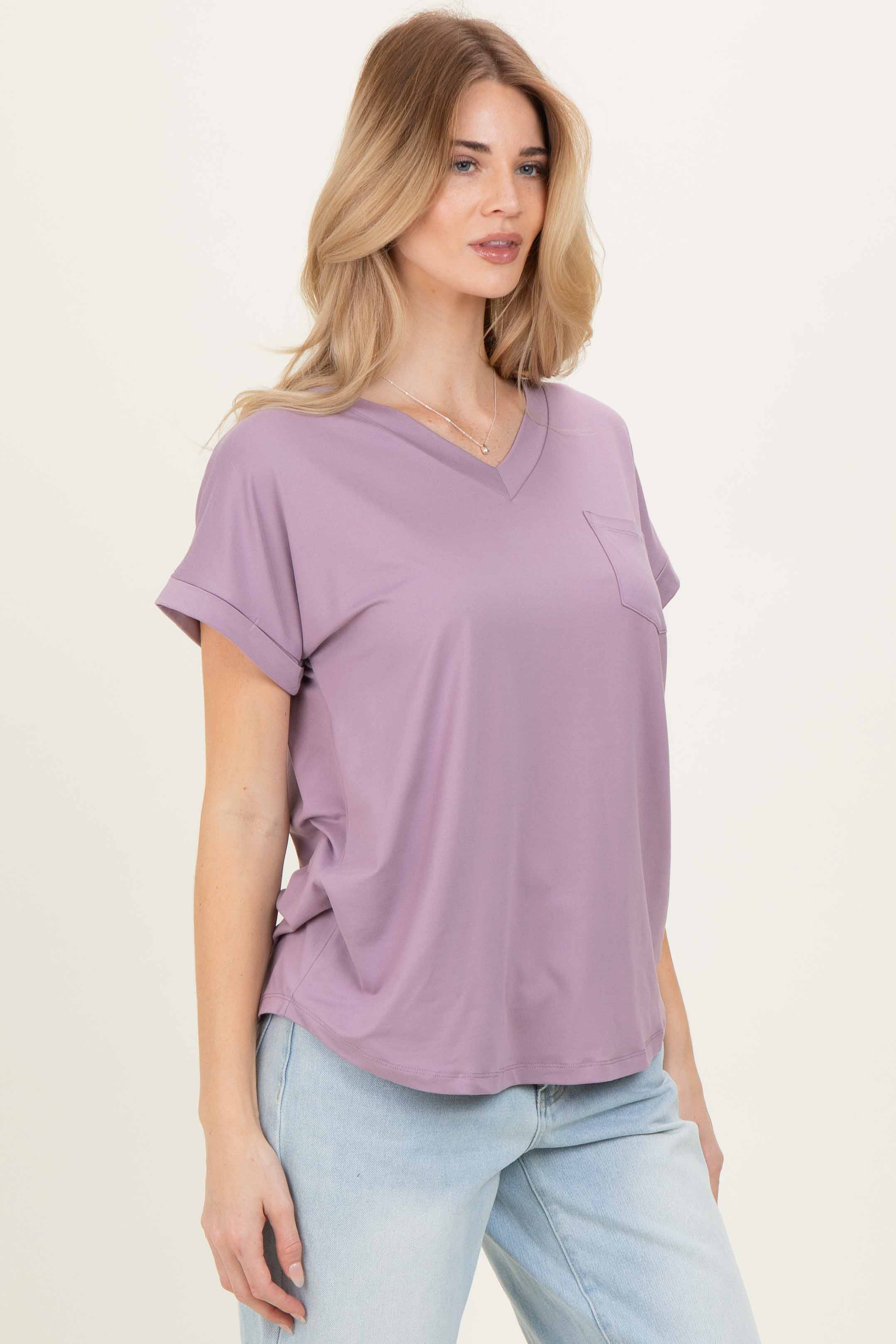 Lavender V-Neck Pocket Short Sleeve Shirt - Image 3