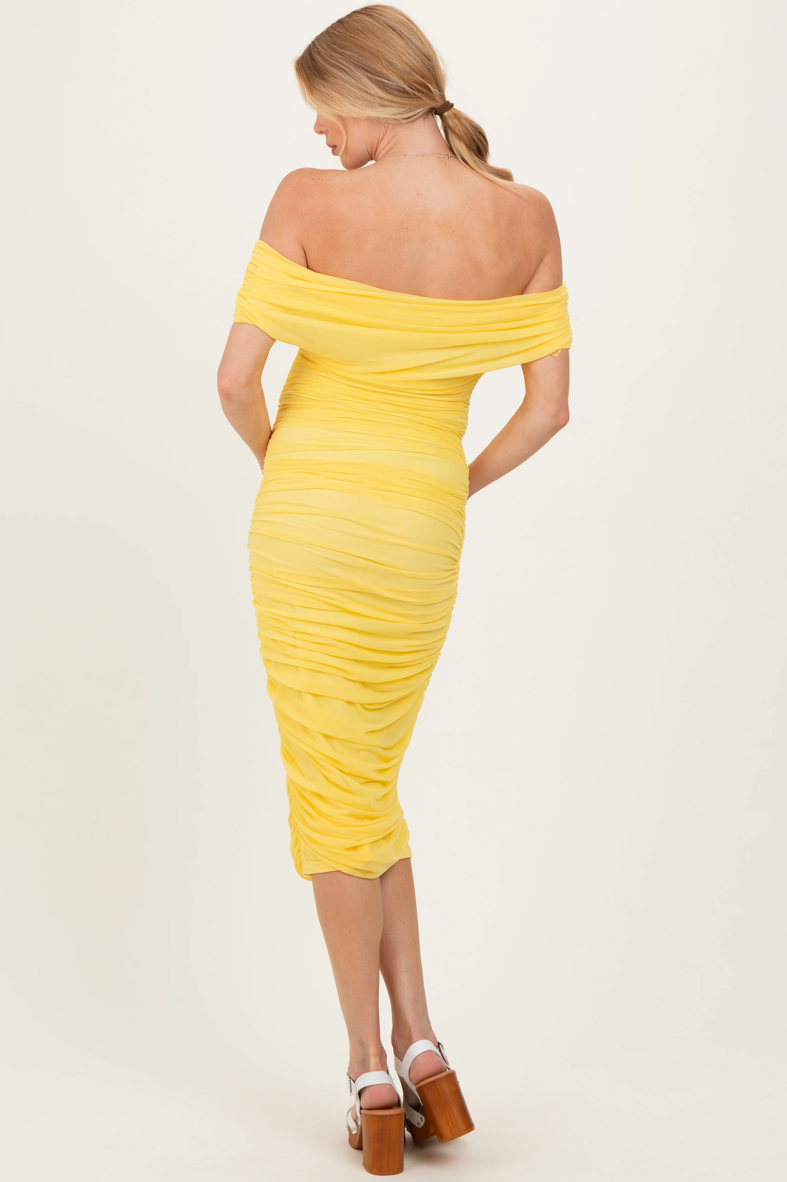 Lemon Ruched Mesh Off Shoulder Maternity Midi Dress - Image 3