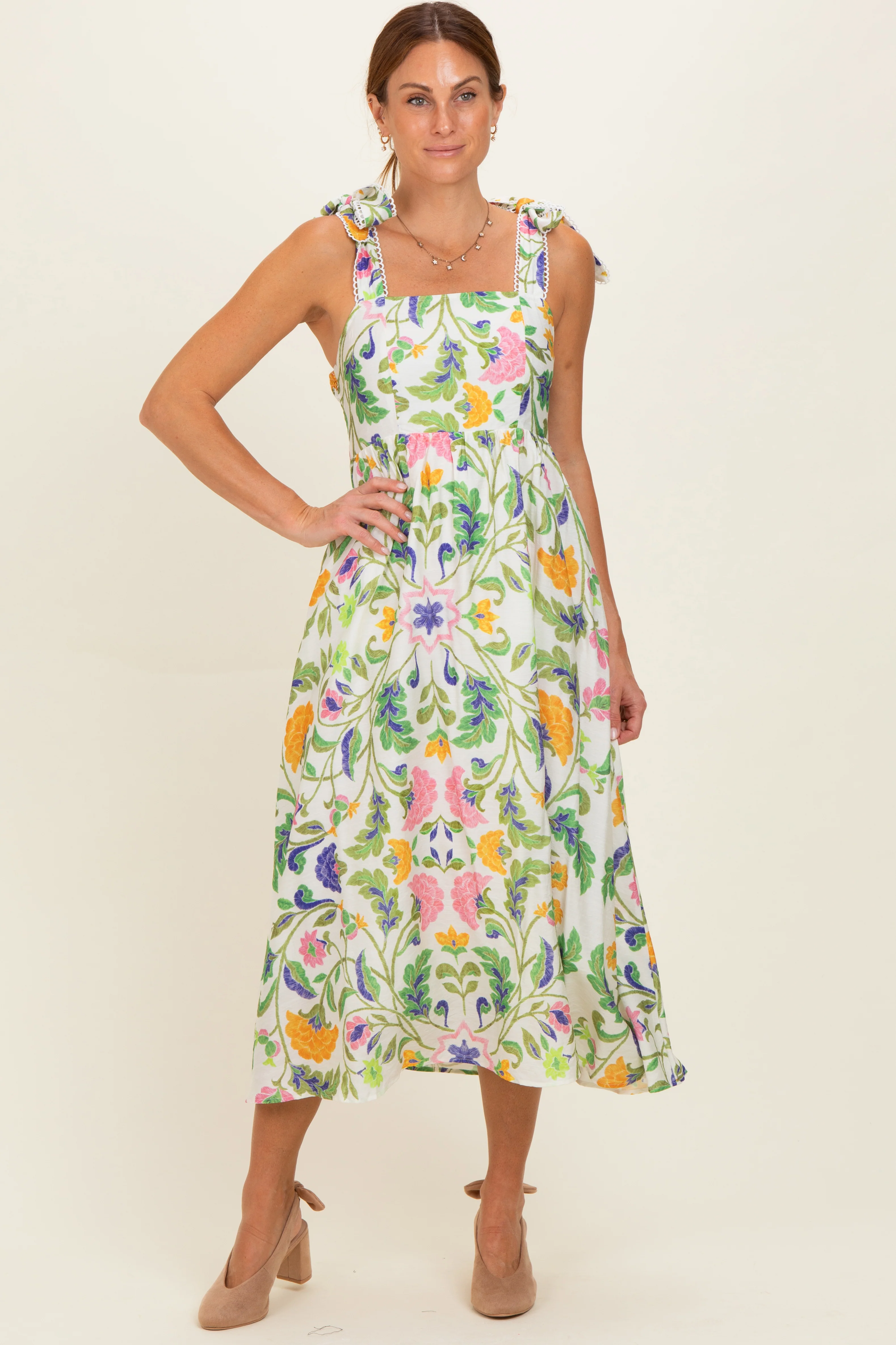 Lemongrass Floral Shoulder Tie Maternity Midi Dress - Image 4