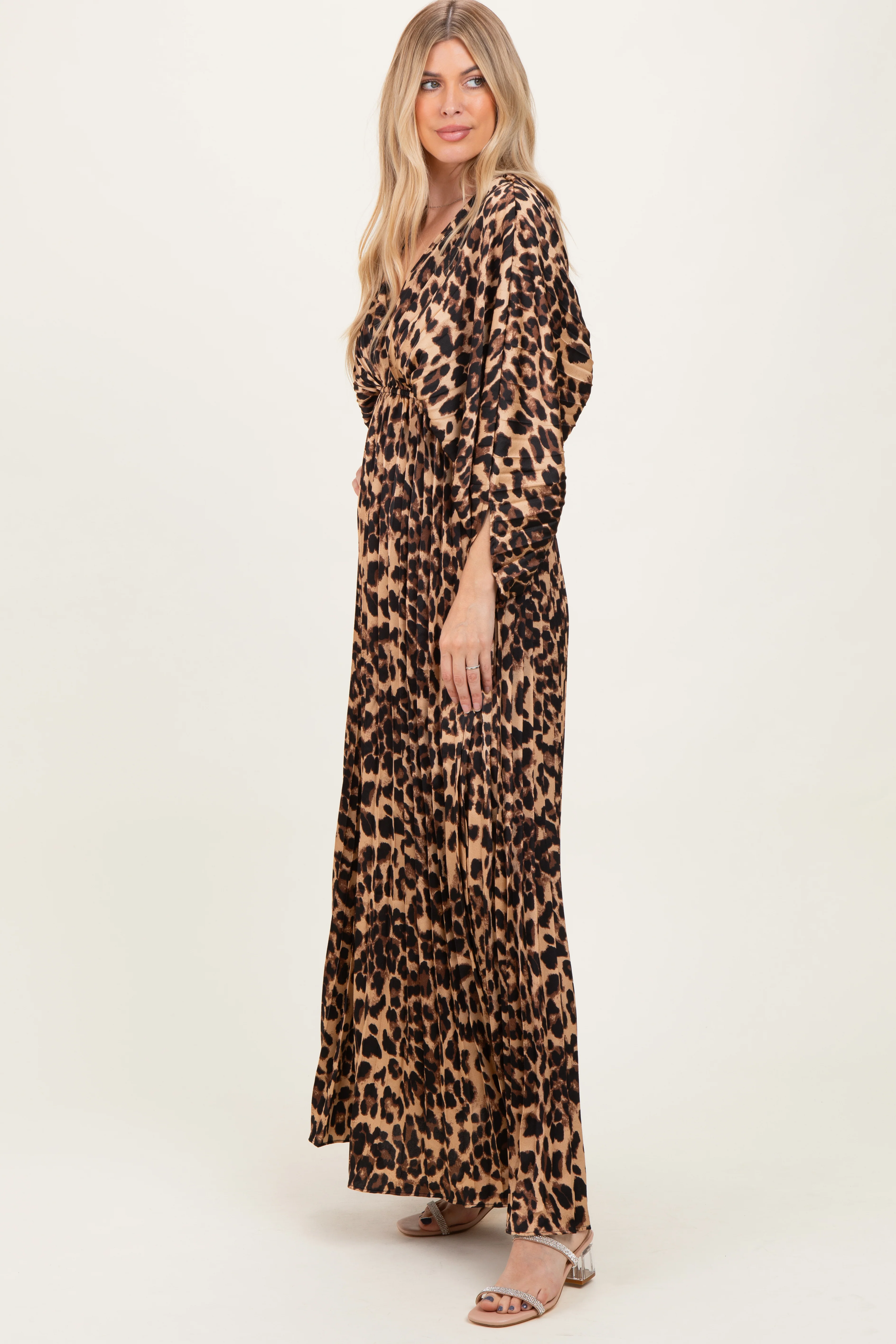 Leopard Pleated V Neck Satin Maxi Dress - Image 3