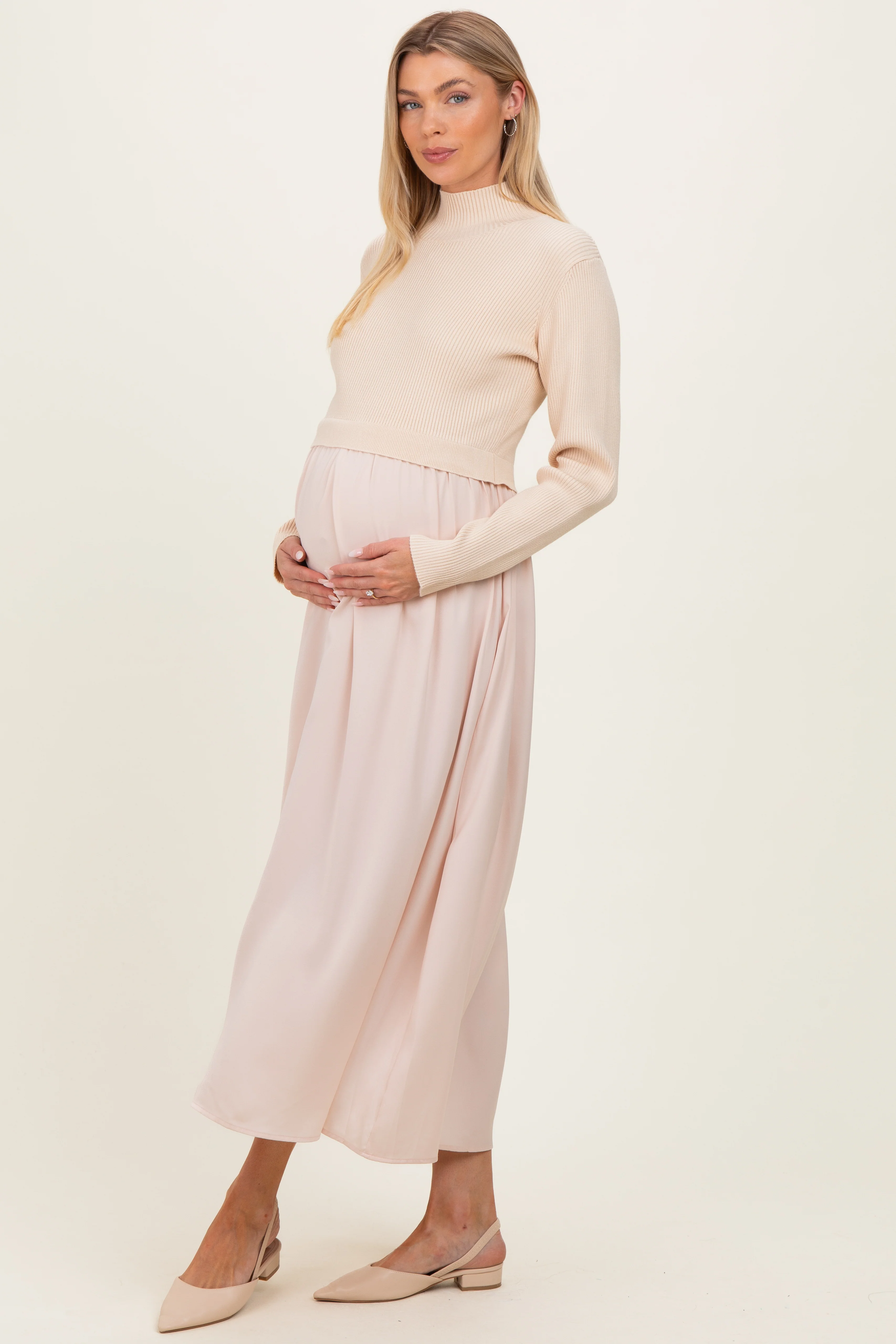 Light Beige Knit Contrast Top Satin Maternity Midi Dress - Image 3