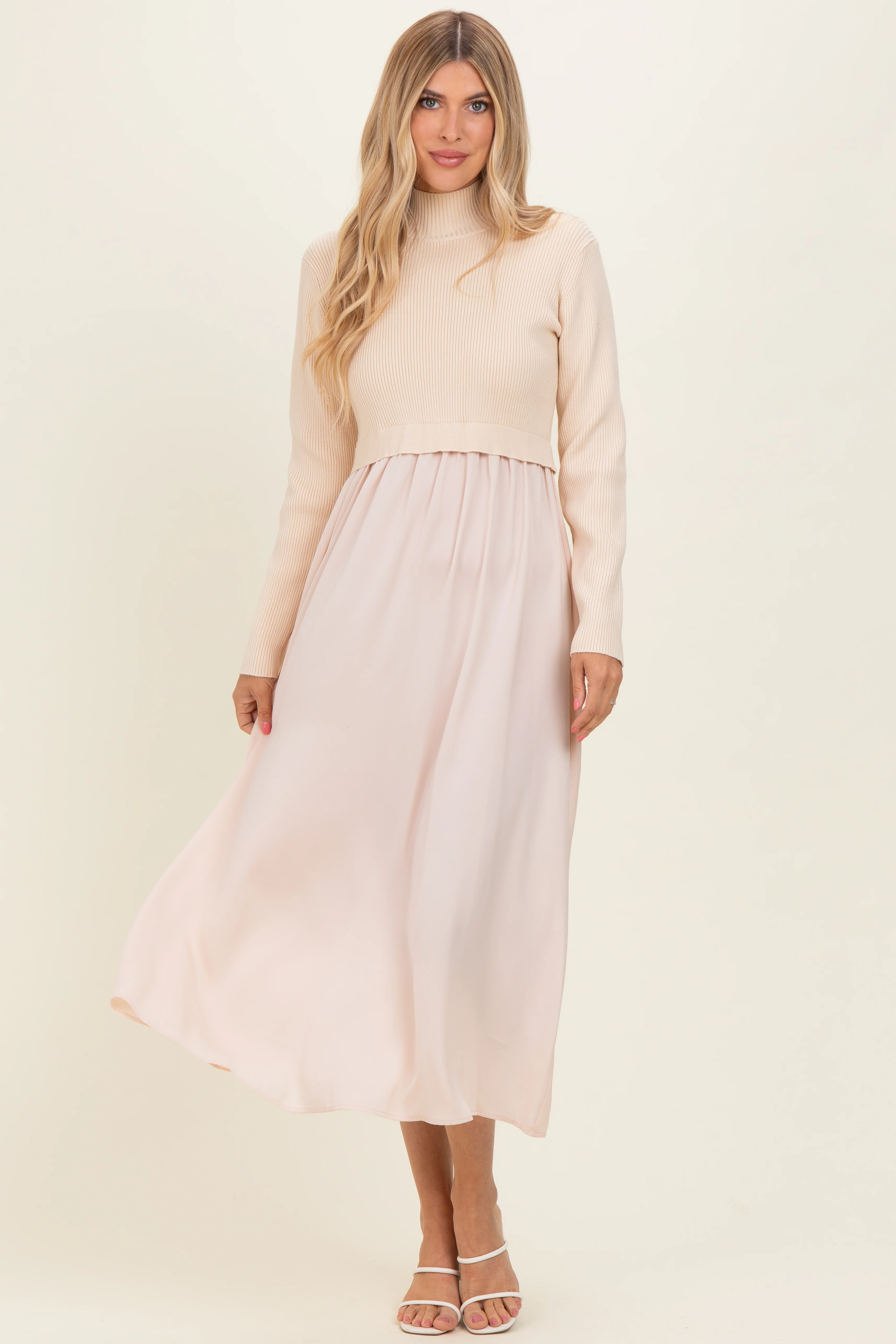 Light Beige Knit Contrast Top Satin Maternity Midi Dress - Image 5
