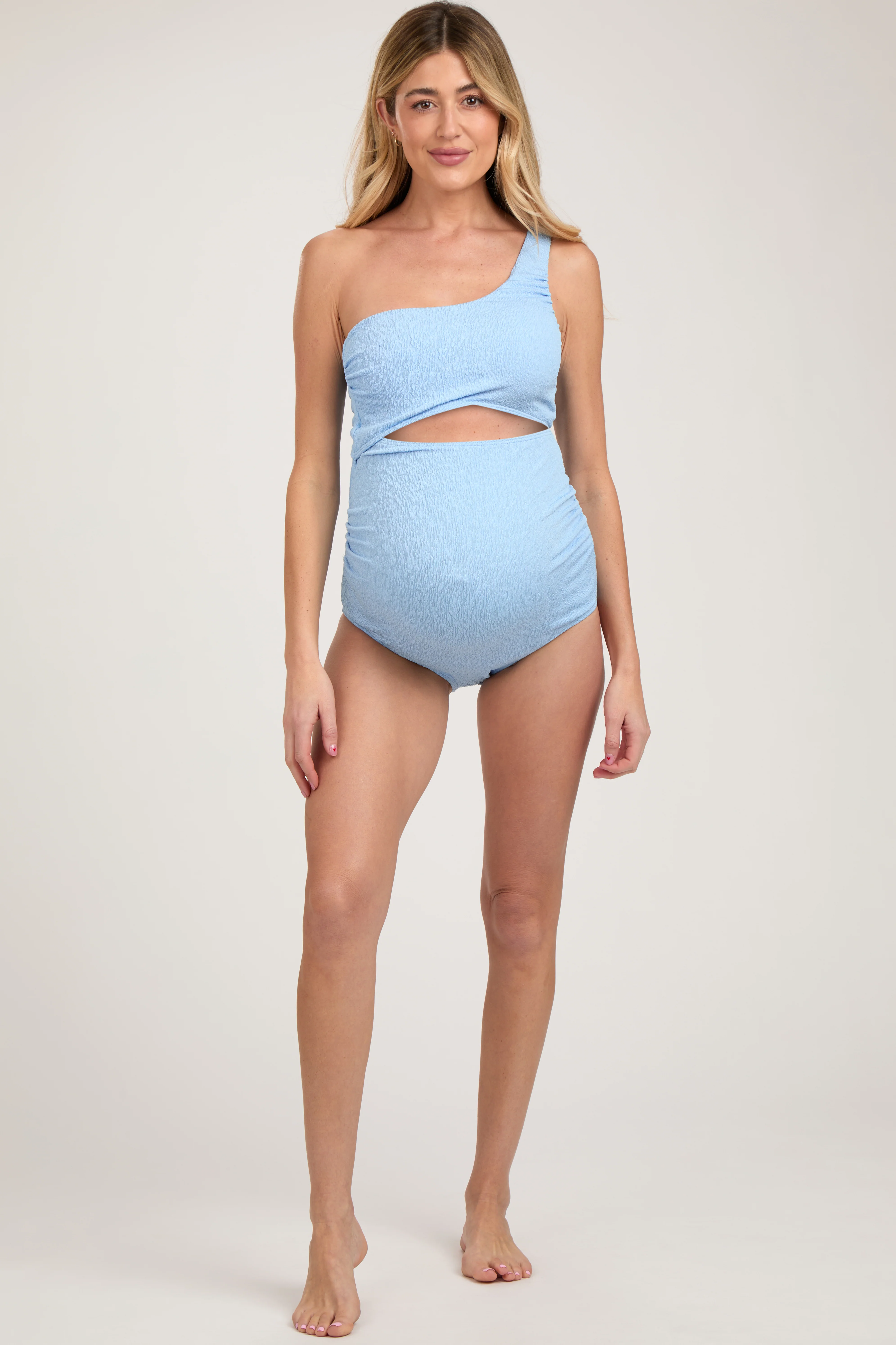 Light Blue Asymmetrical One Shoulder Side Cutout One-Piece Maternity Swimsuit - Image 3
