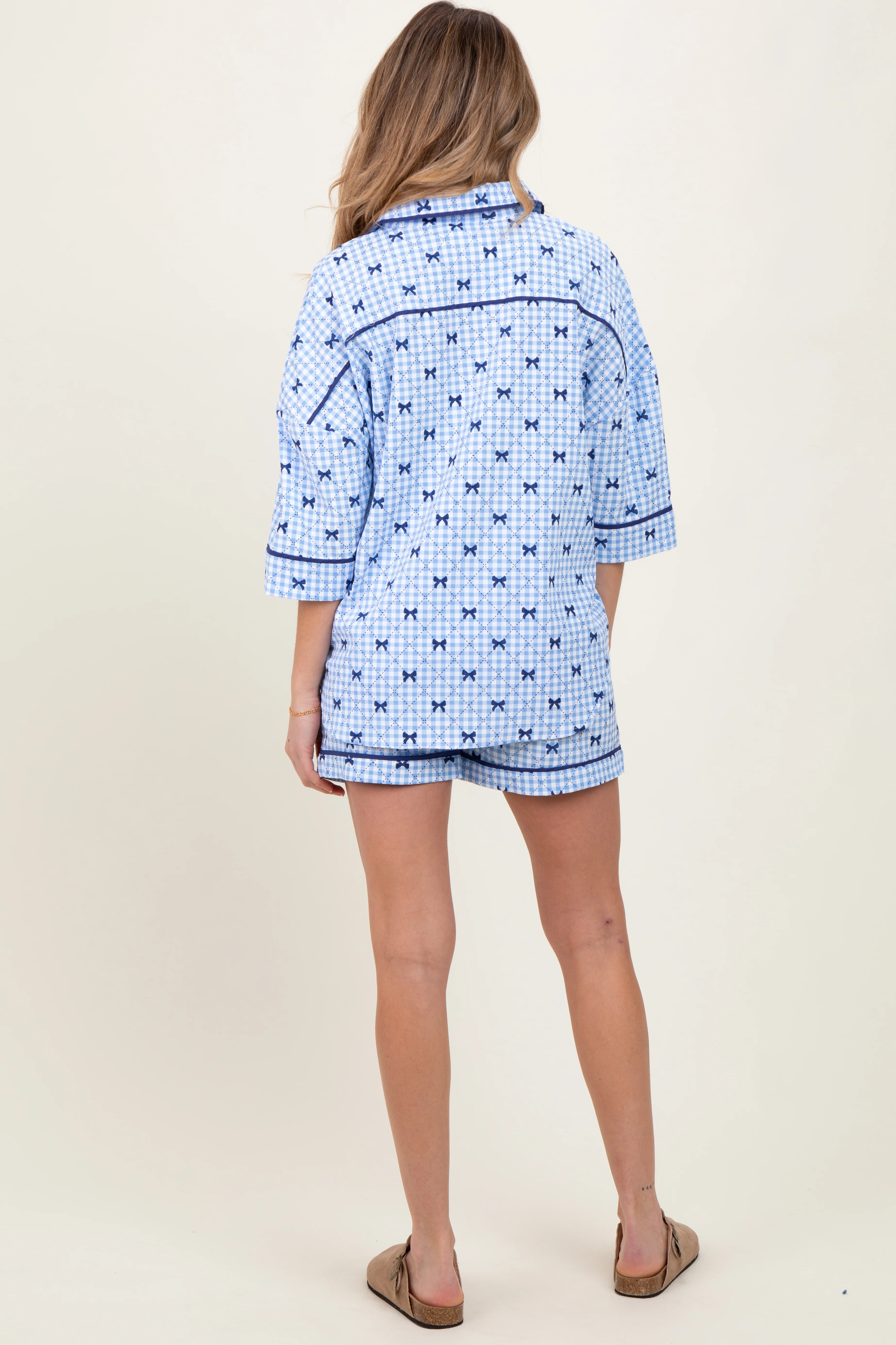 Light Blue Bow Print Gingham Pajama Short Maternity Set - Image 4