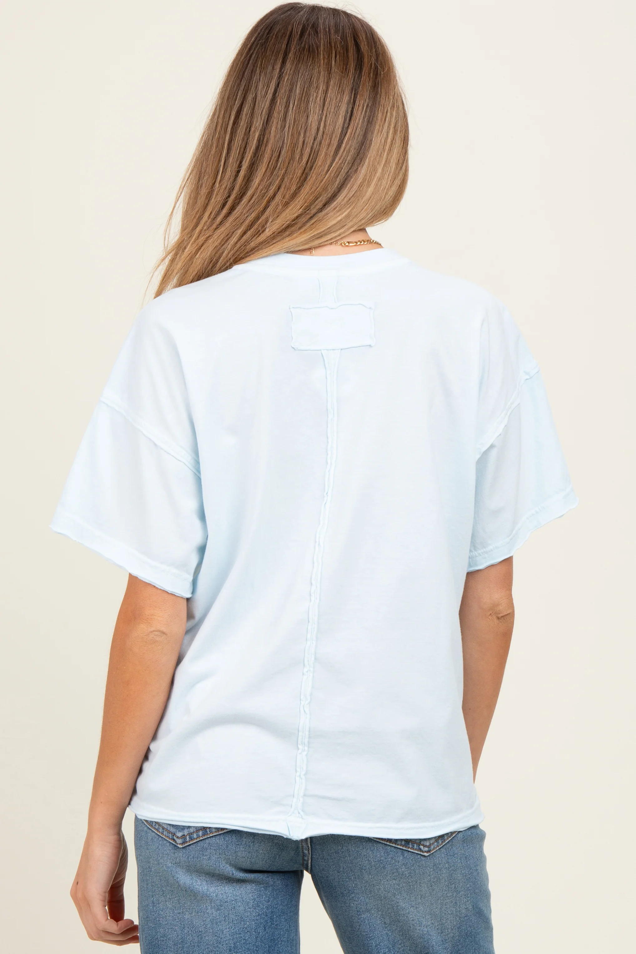 Light Blue Boxy Raw Edge Maternity Short Sleeve Tee - Image 4