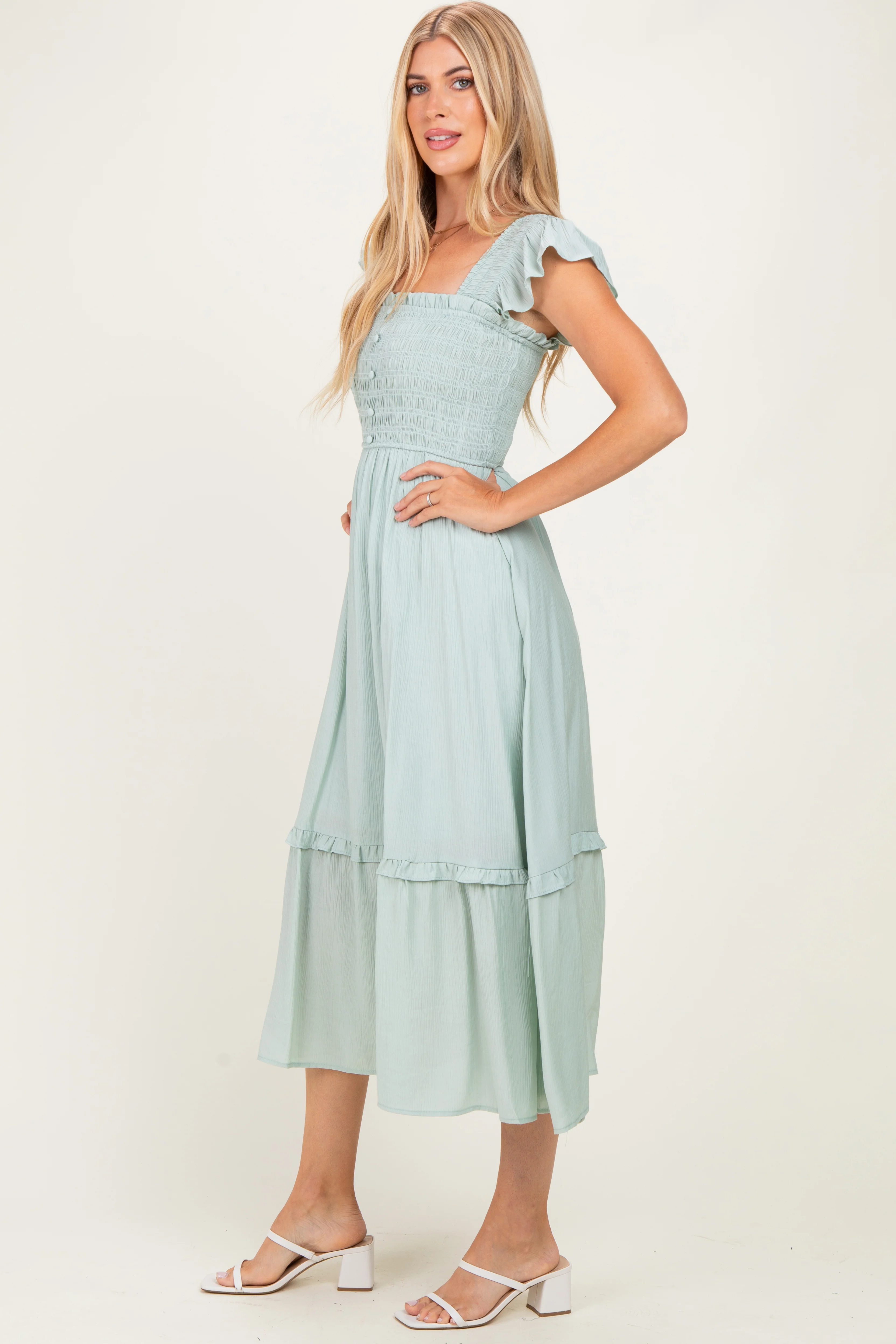Light Blue Button Accent Smocked Ruffle Midi Dress - Image 2