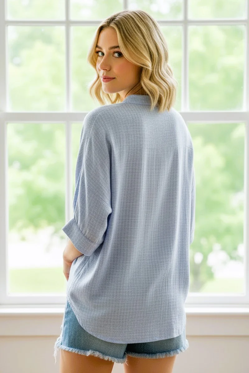 Light Blue Button Down 3/4 Sleeve Blouse - Image 3
