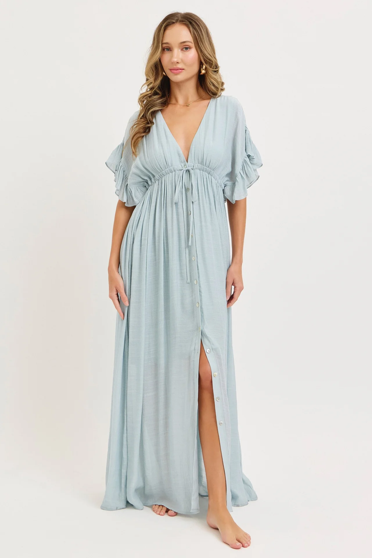 Light Blue Button Down Deep V-Neck Maternity Maxi Dress - Image 4
