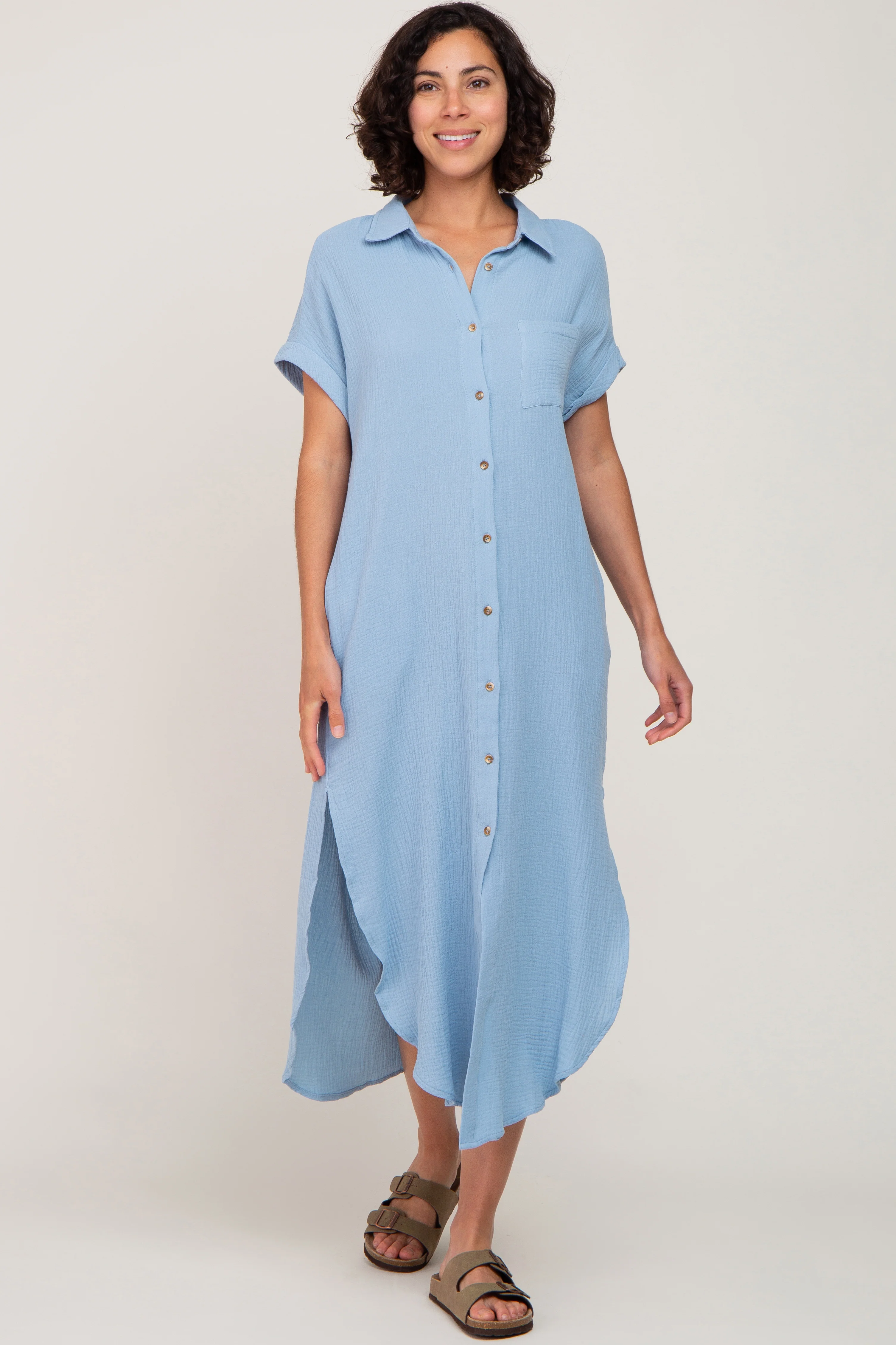 Light Blue Button Down Maternity Midi Dress - Image 8