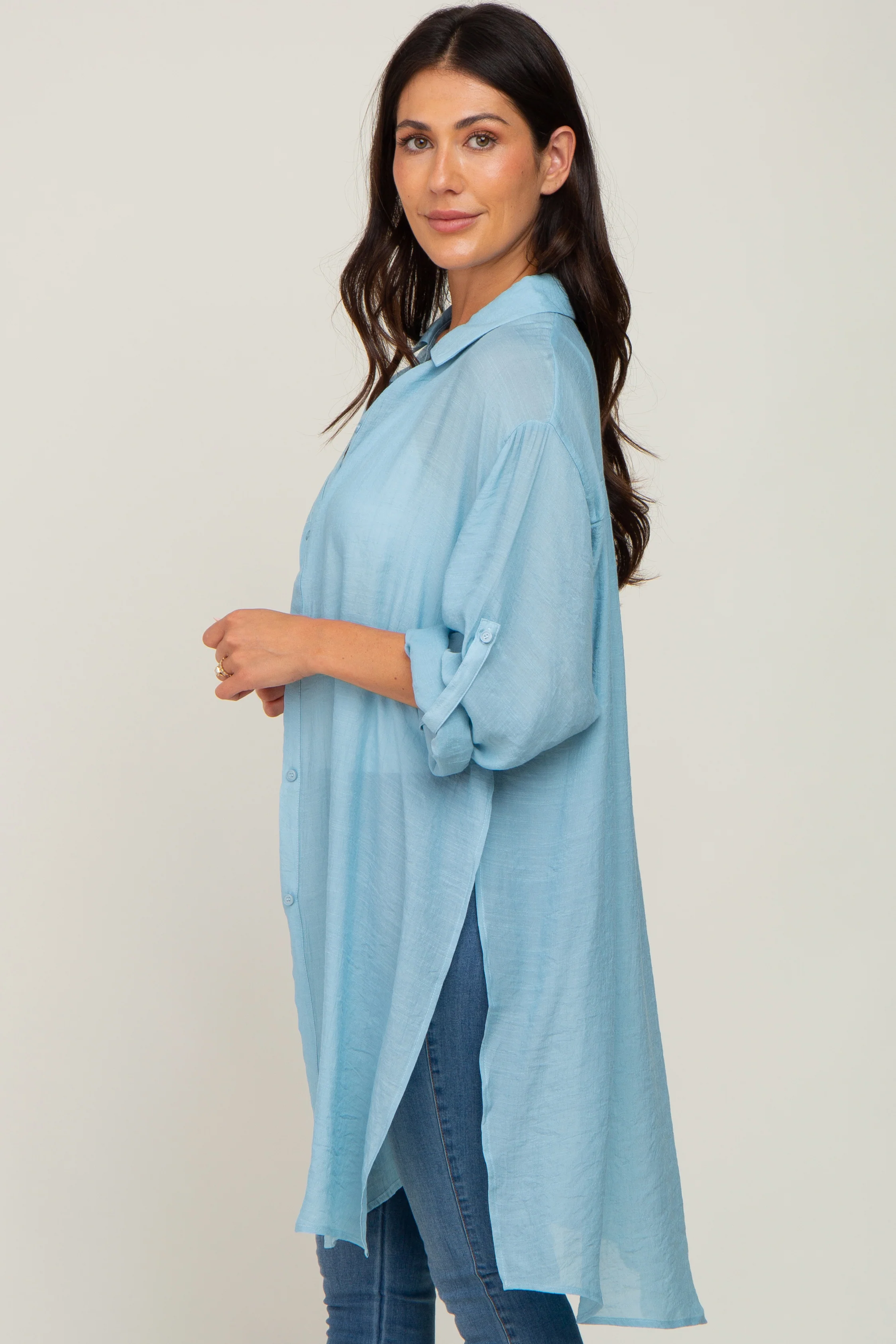 Light Blue Button Front Side Slit Oversized Blouse - Image 3