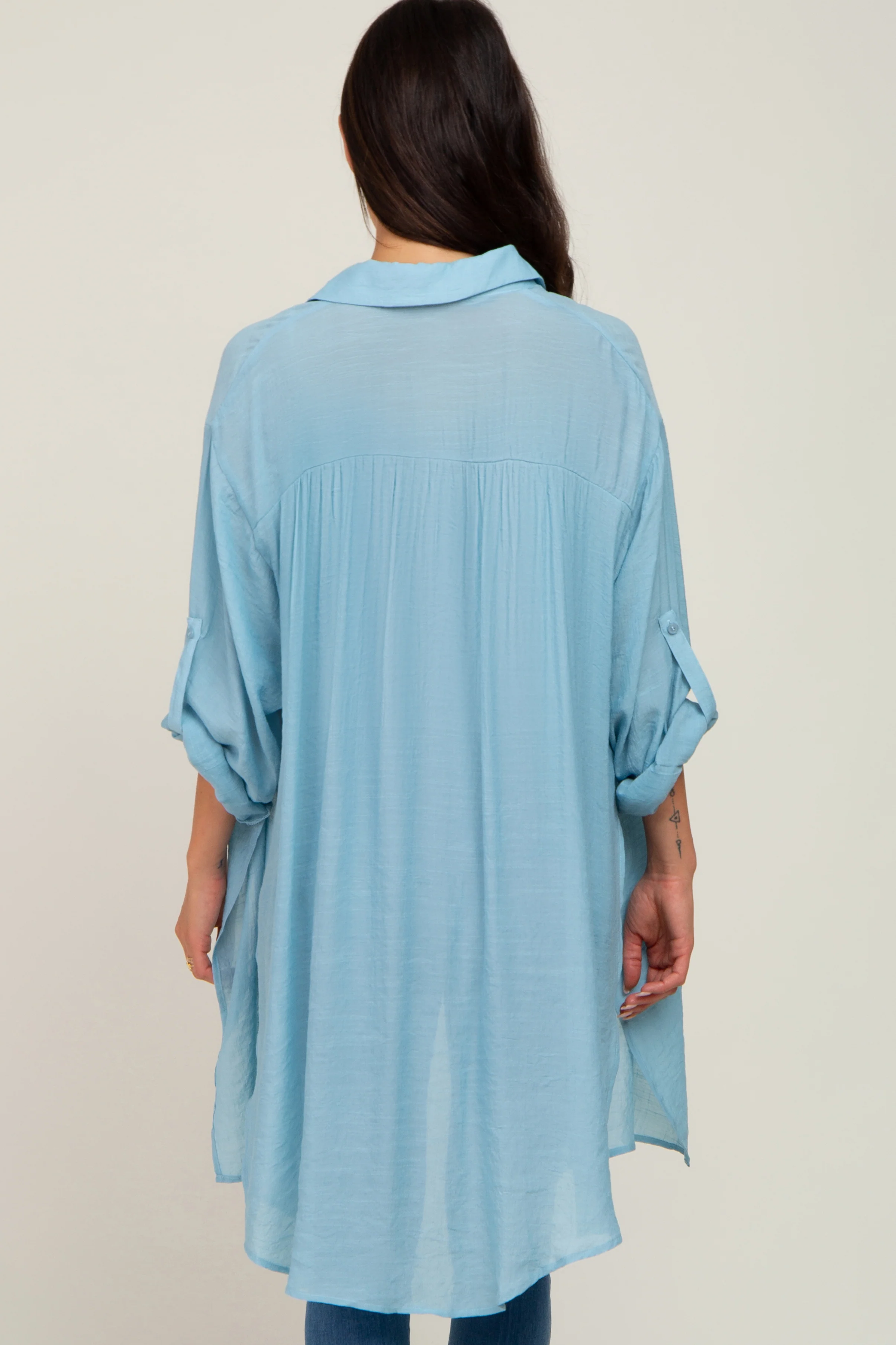 Light Blue Button Front Side Slit Oversized Blouse - Image 4