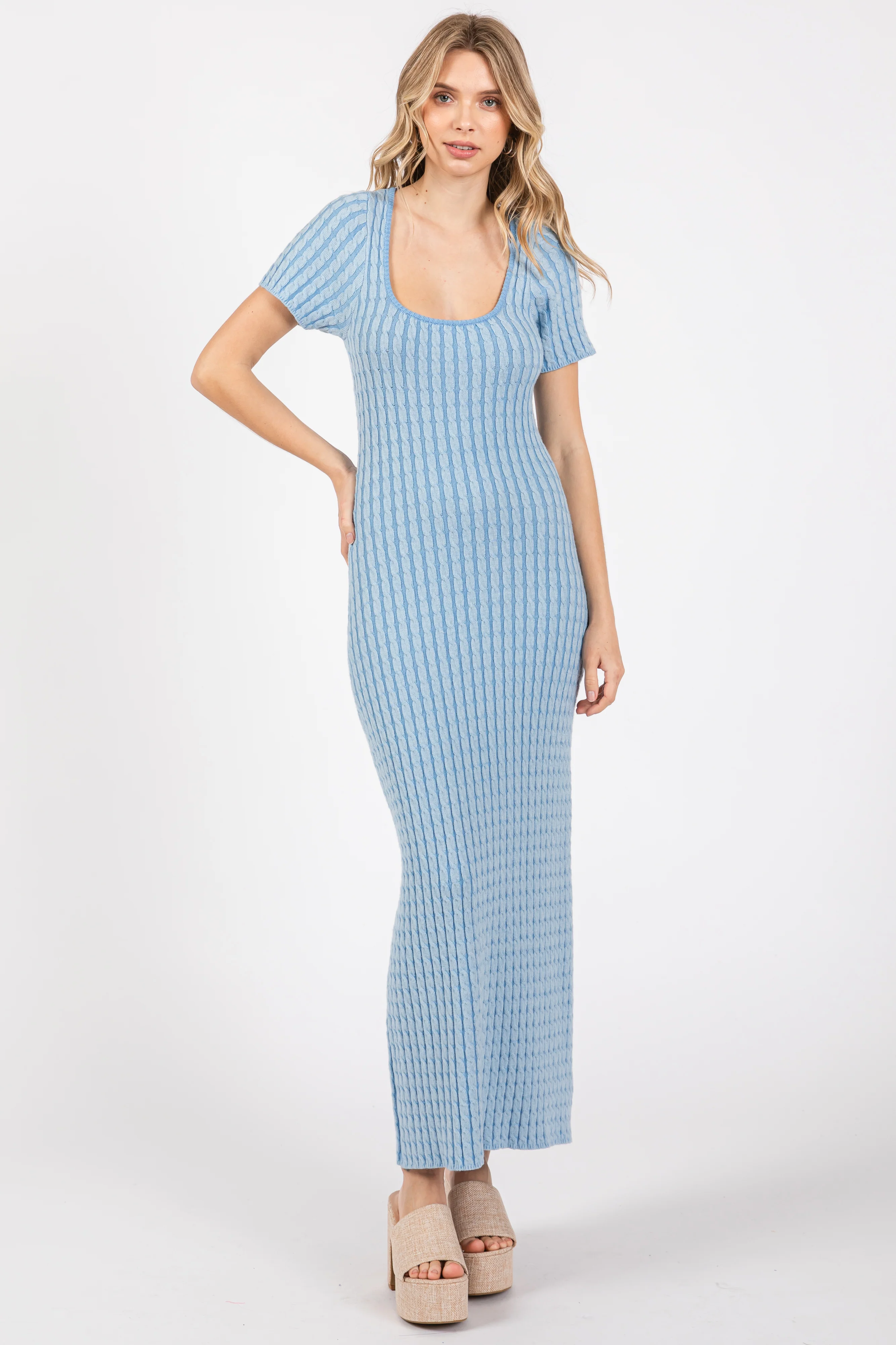 Light Blue Cable Knit Maternity Sweater Dress - Image 7