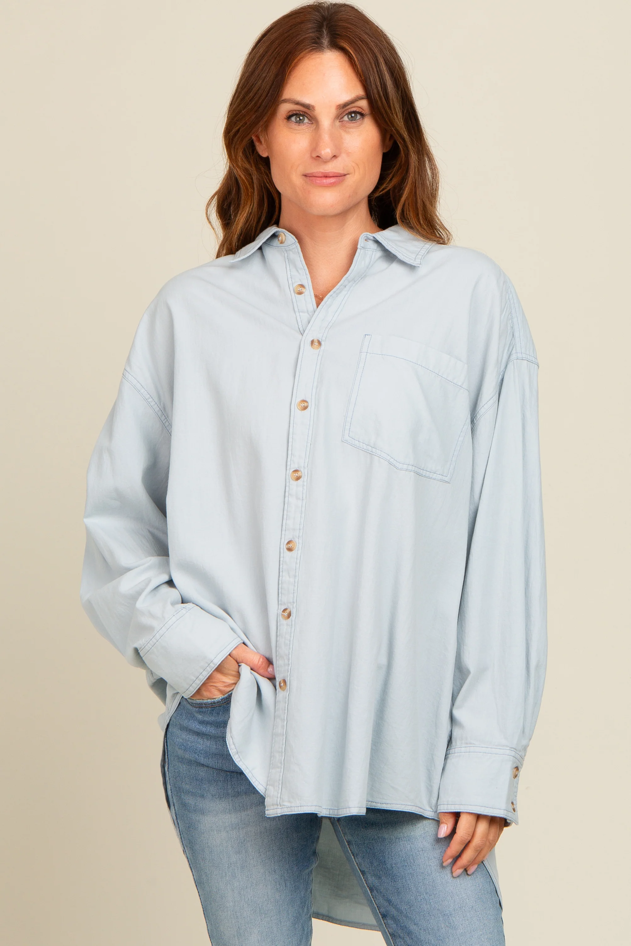 Light Blue Chambray Button Down Maternity Top - Image 3