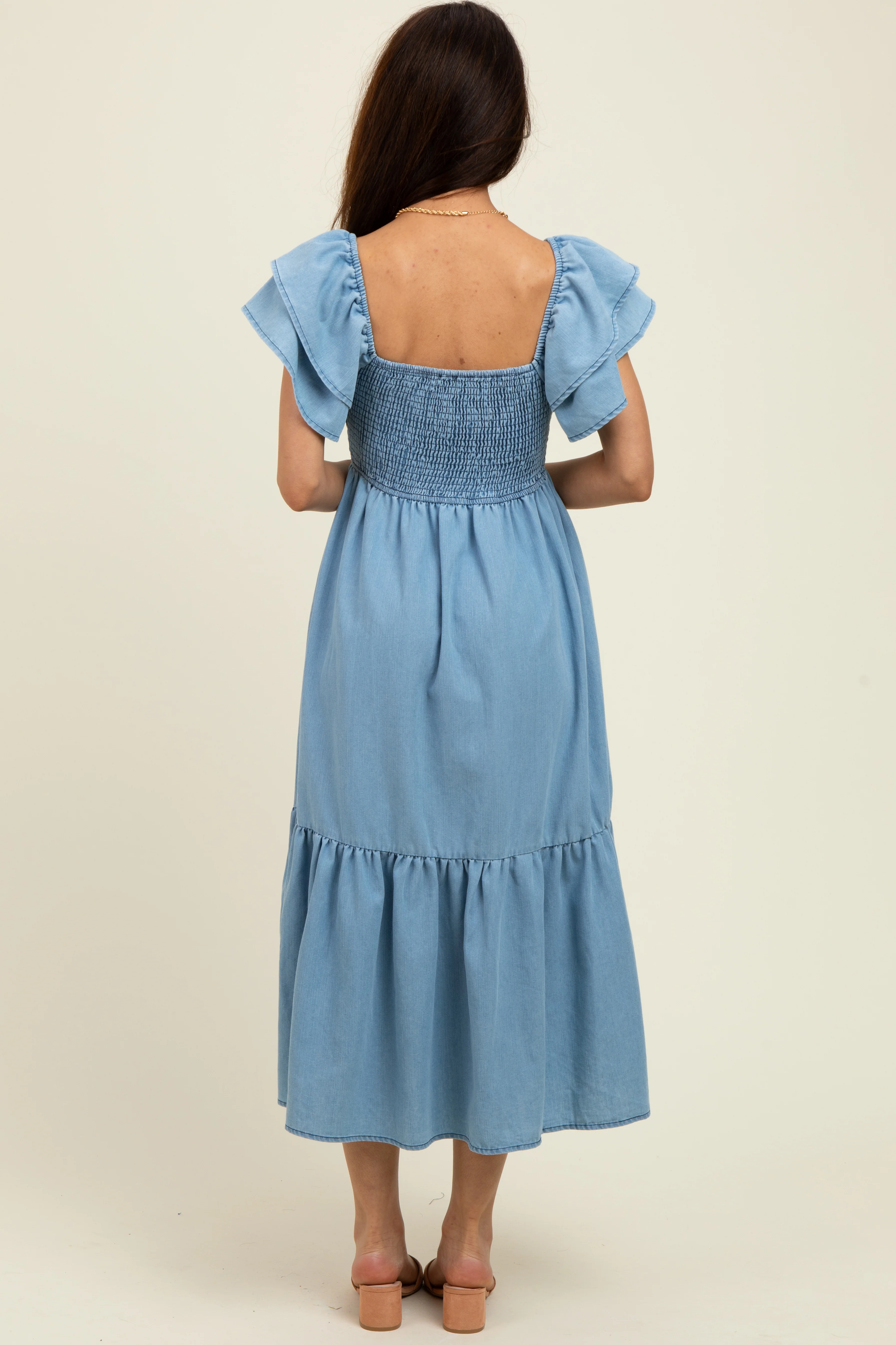 Light Blue Chambray Smocked Flutter Sleeve Dress - Image 3