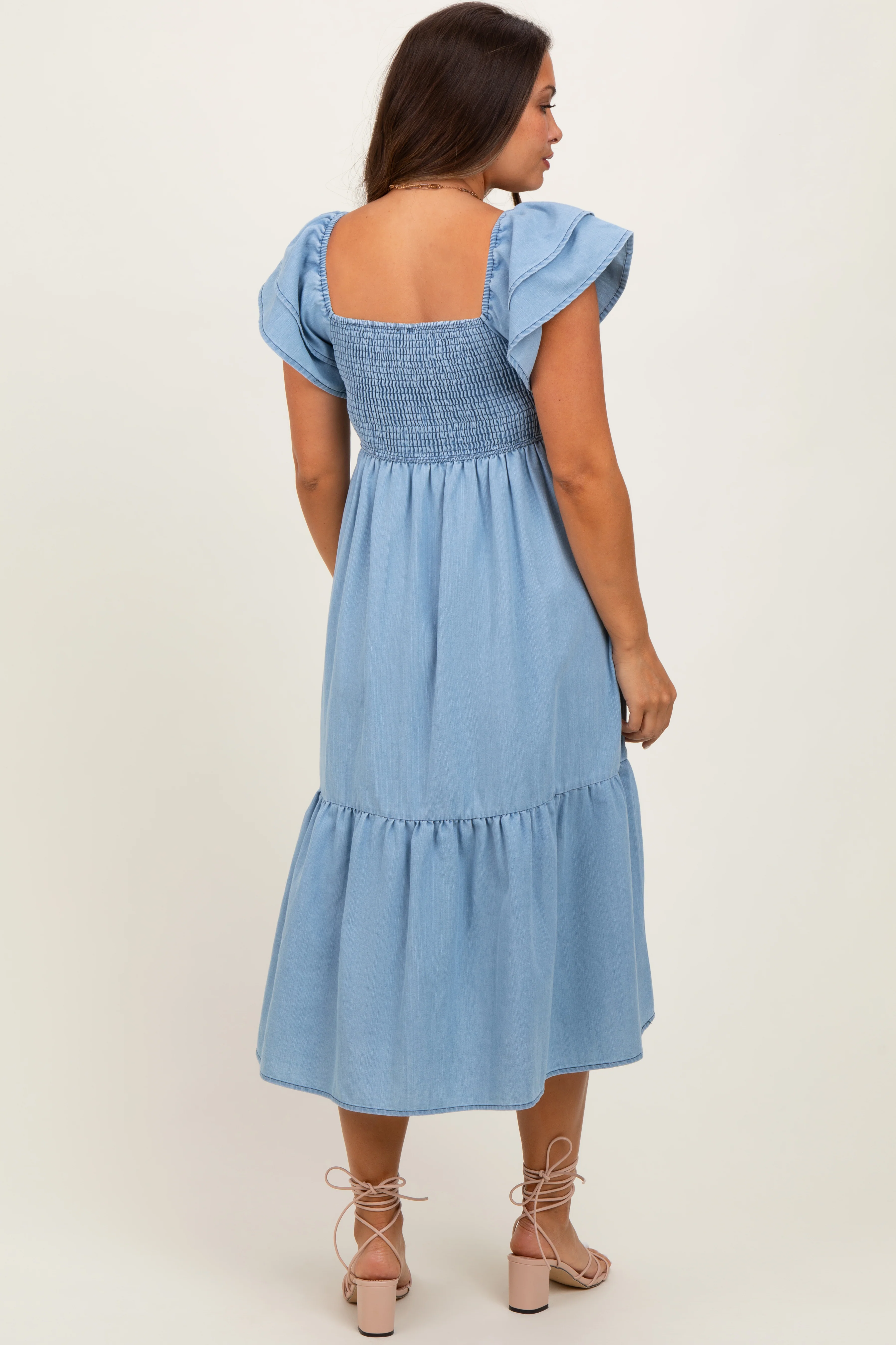 Light Blue Chambray Smocked Flutter Sleeve Maternity Dress - Image 4