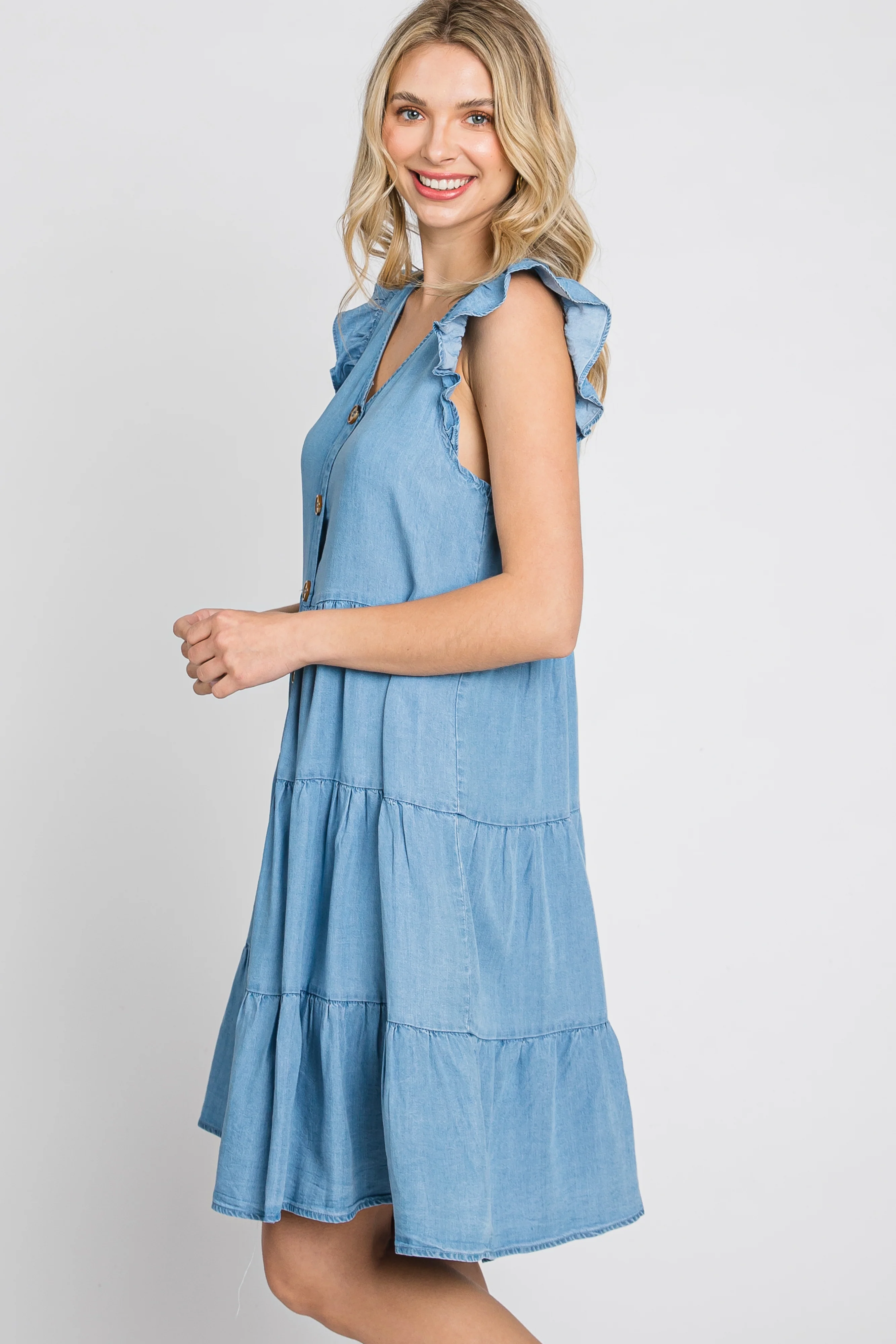 Light Blue Chambray Tiered Button Accent Dress - Image 3