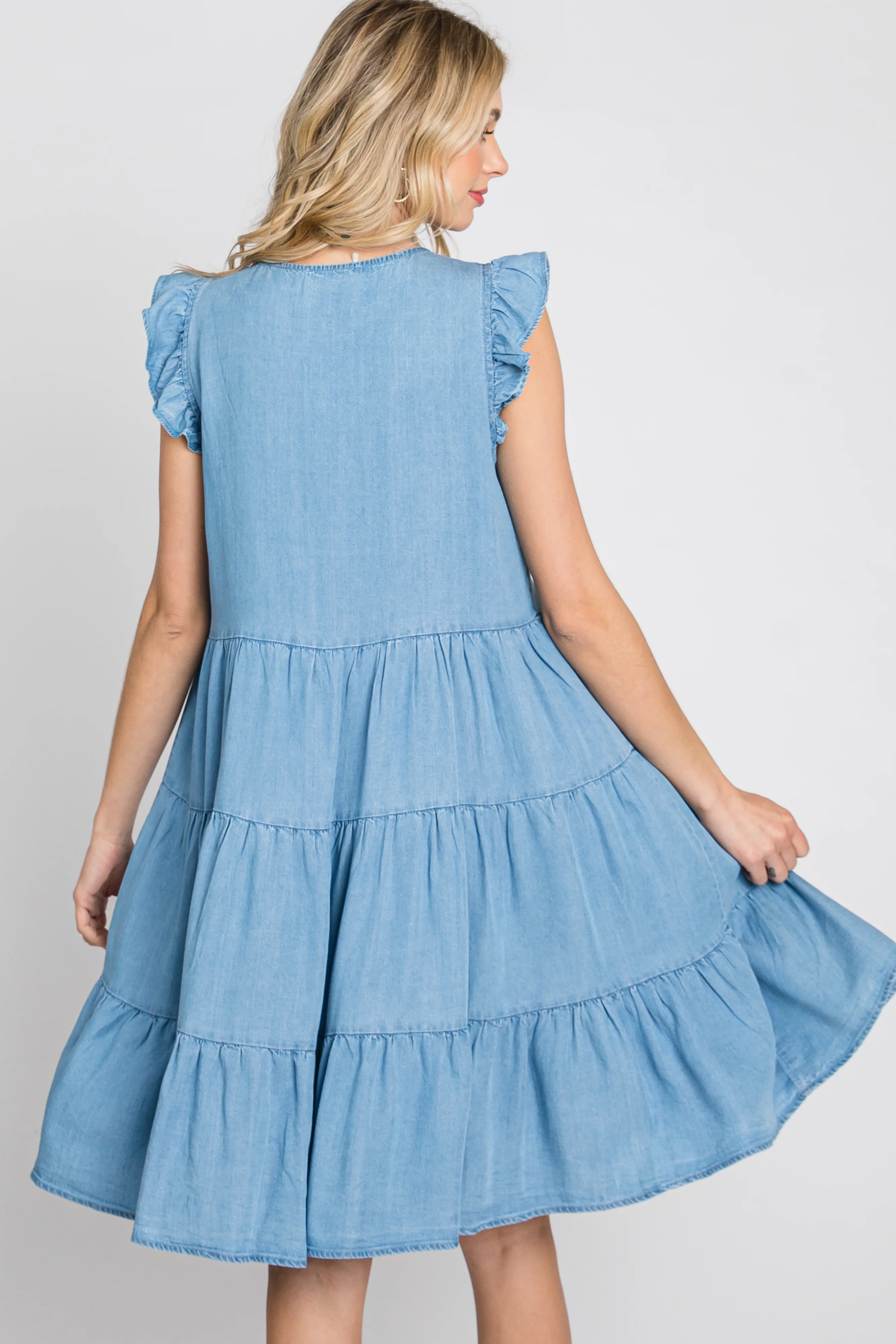 Light Blue Chambray Tiered Button Accent Dress - Image 4
