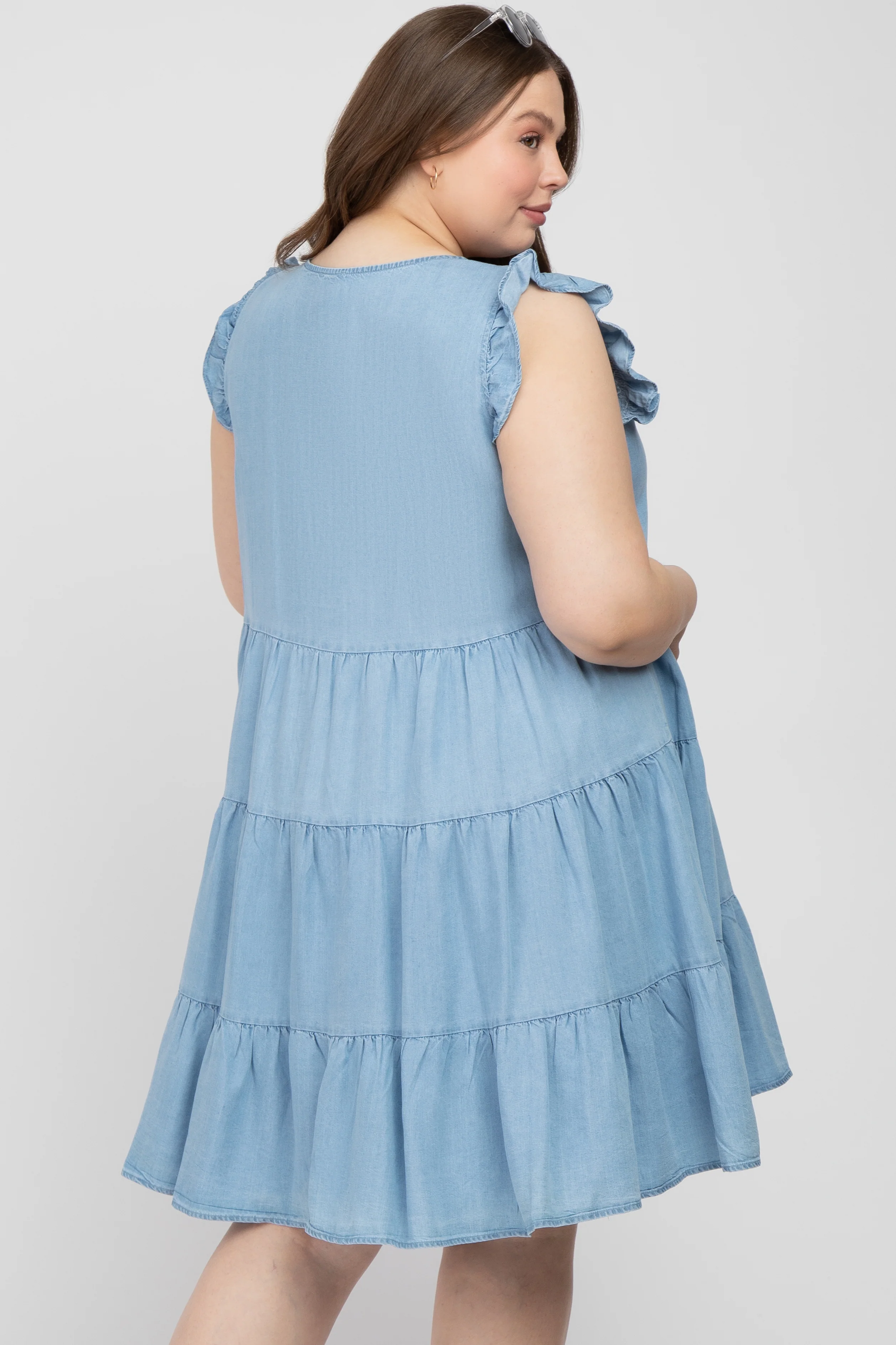Light Blue Chambray Tiered Button Accent Maternity Plus Dress - Image 4
