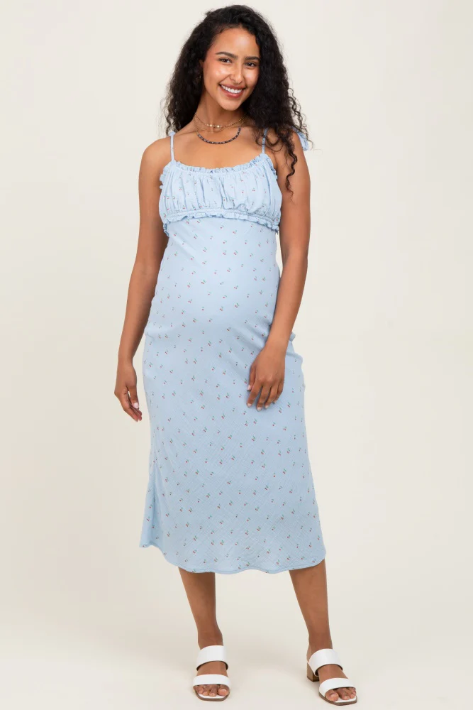 Light Blue Cherry Print Shoulder Tie Maternity Midi Dress - Image 2