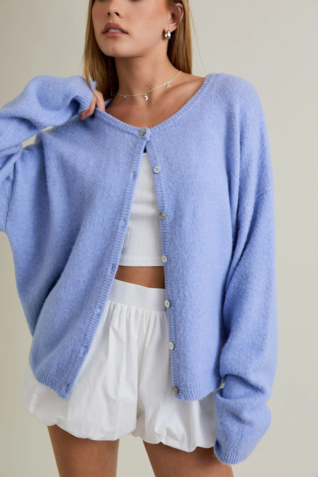 Light Blue Classic Crew Neck Button Cardigan - Image 5