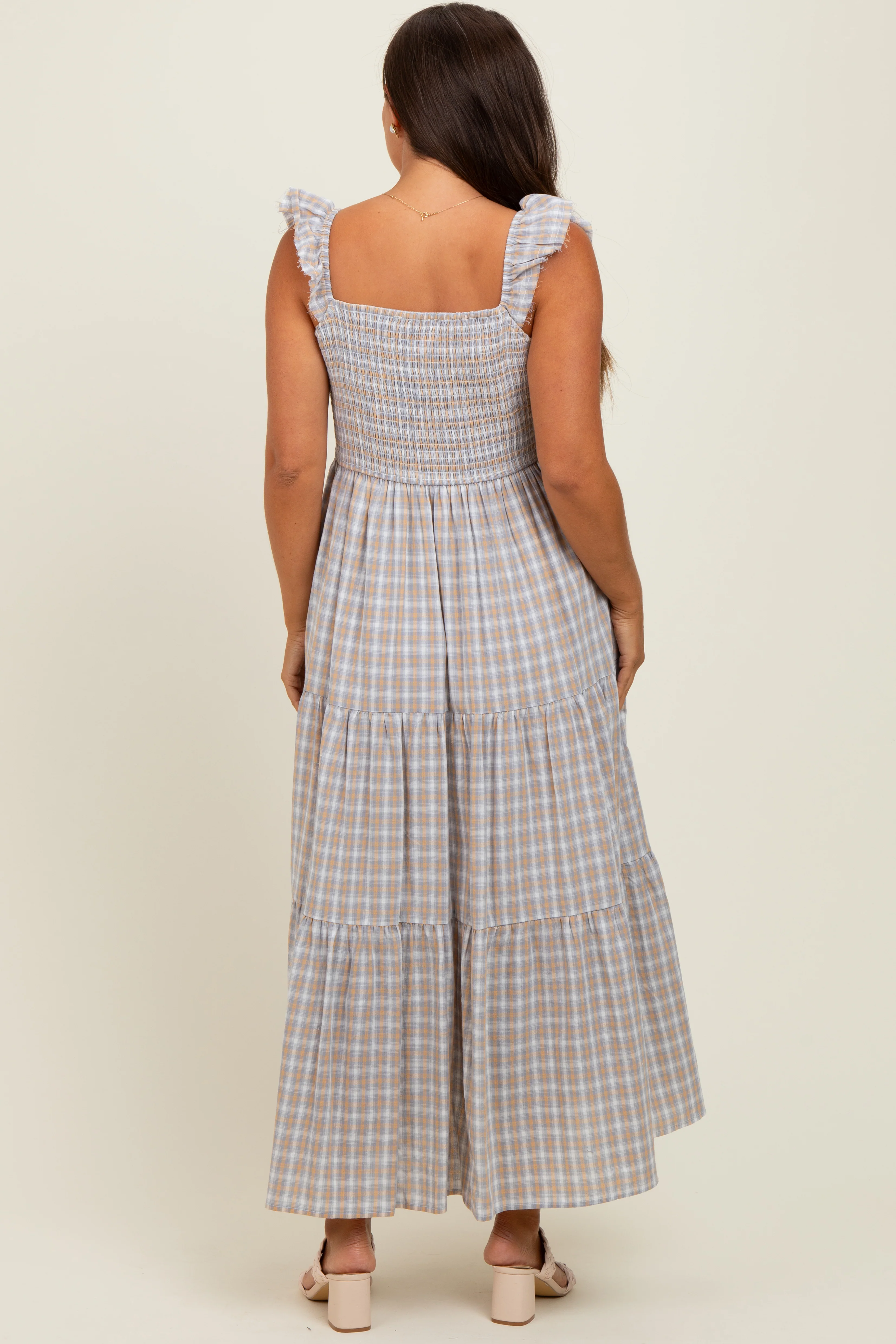 Light Blue Cotton Plaid Maternity Maxi Dress - Image 4