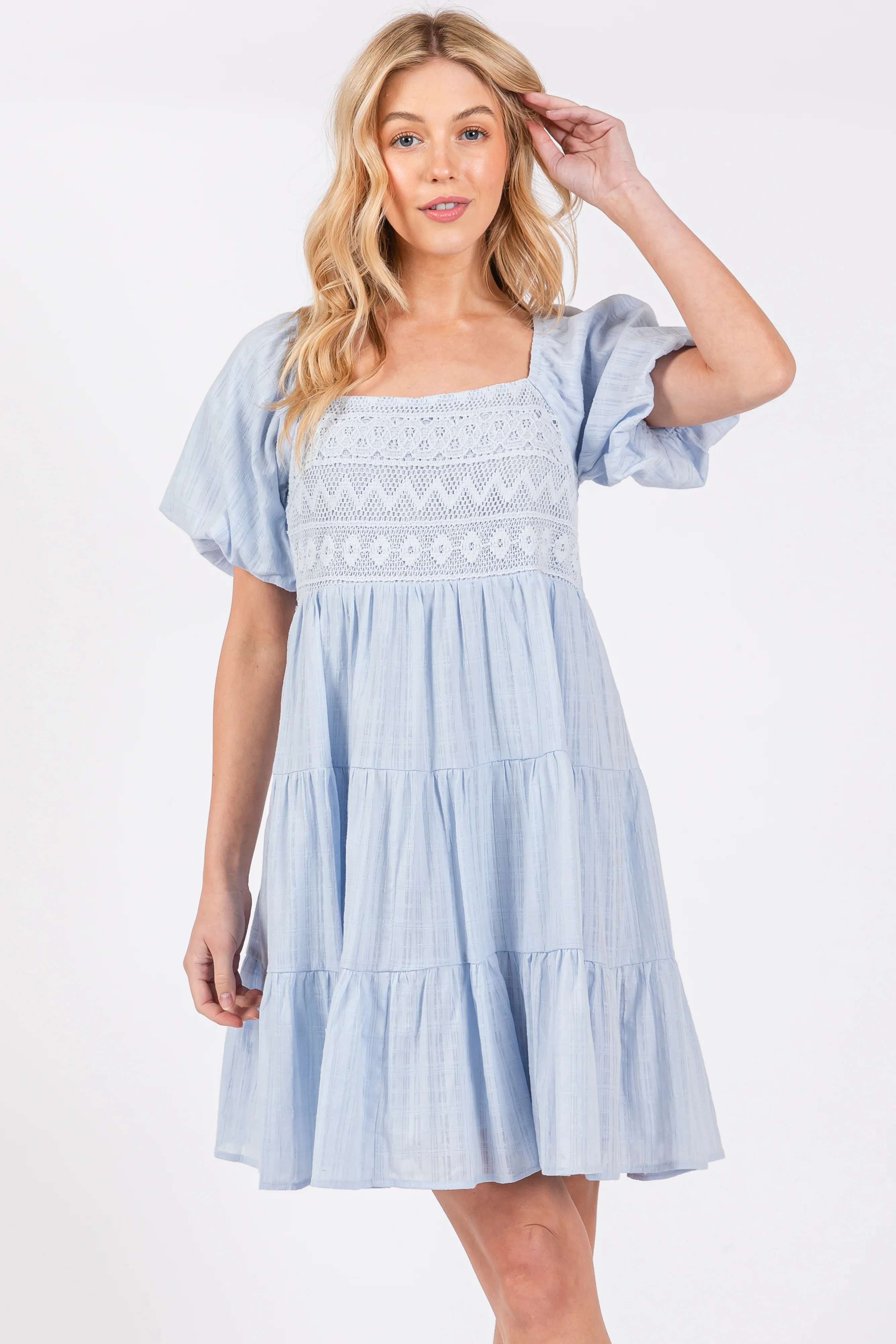Light Blue Crochet Tiered Maternity Dress - Image 5
