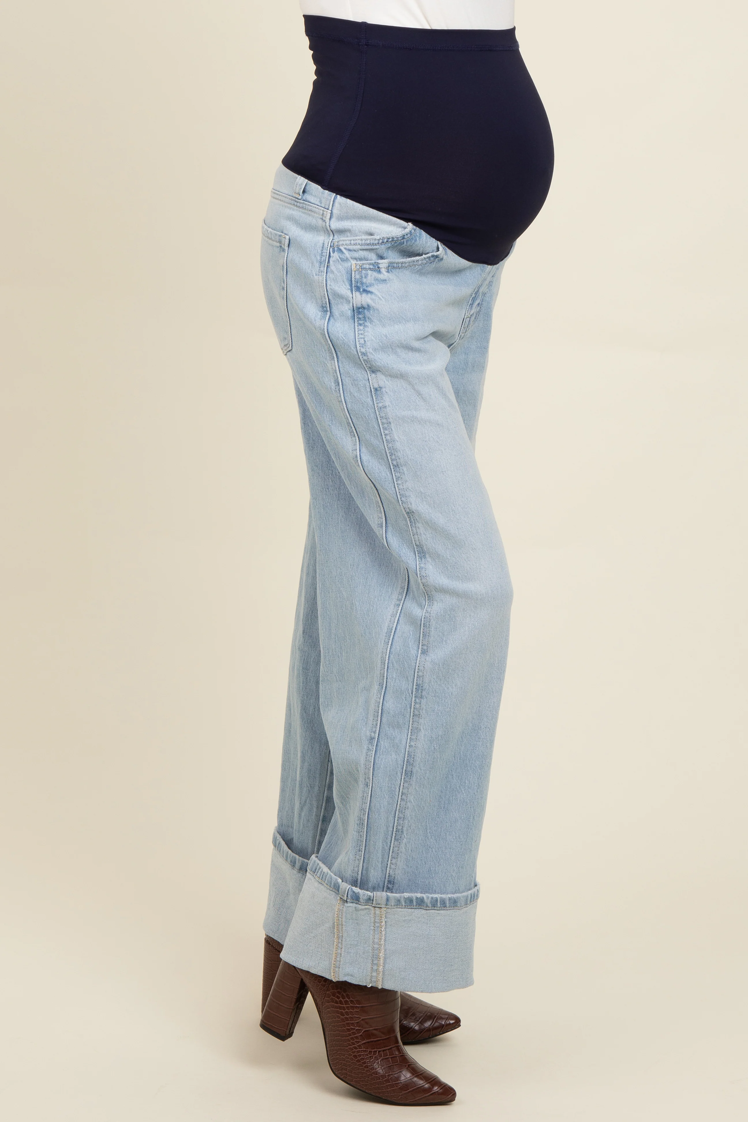 Light Blue Cuffed Relaxed Wide Leg Maternity Jeans - Image 4