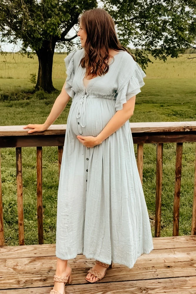 Light Blue Deep V-Neck Button Down Maternity Maxi Dress - Image 18