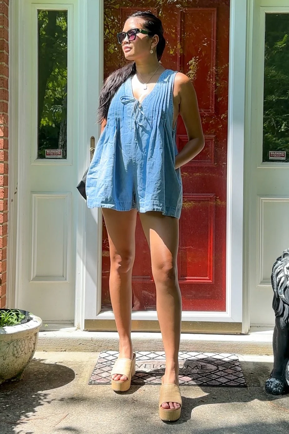 Light Blue Deep V-Neck Pleated Front Tie Sleeveless Maternity Romper - Image 4
