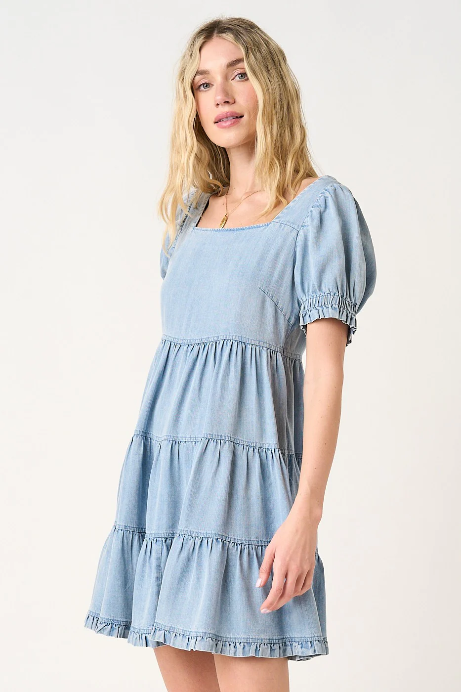 Light Blue Denim Washed Chambray Tiered Babydoll Mini Dress - Image 3