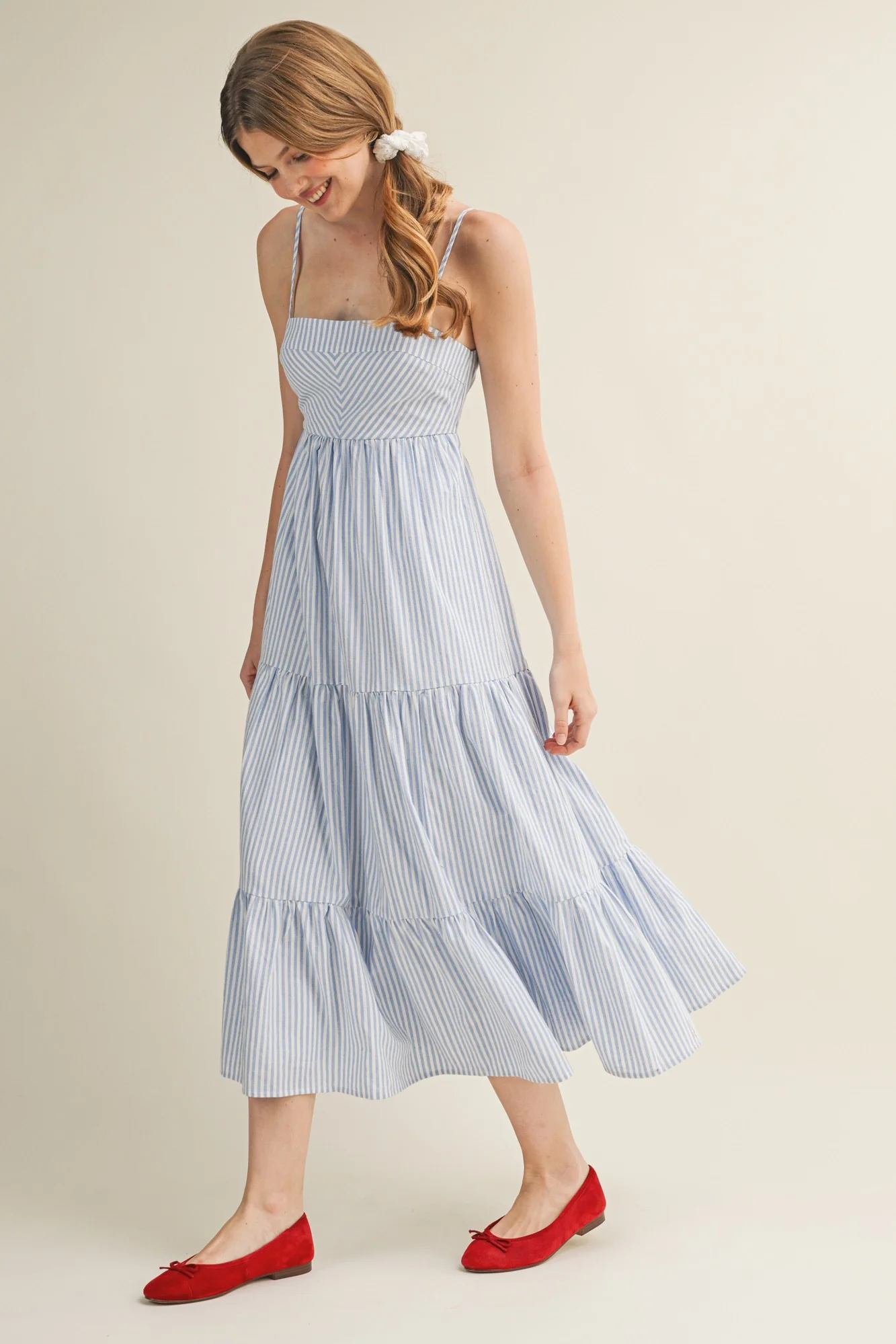 Light Blue Diagonal Stripe Front Tier Dress