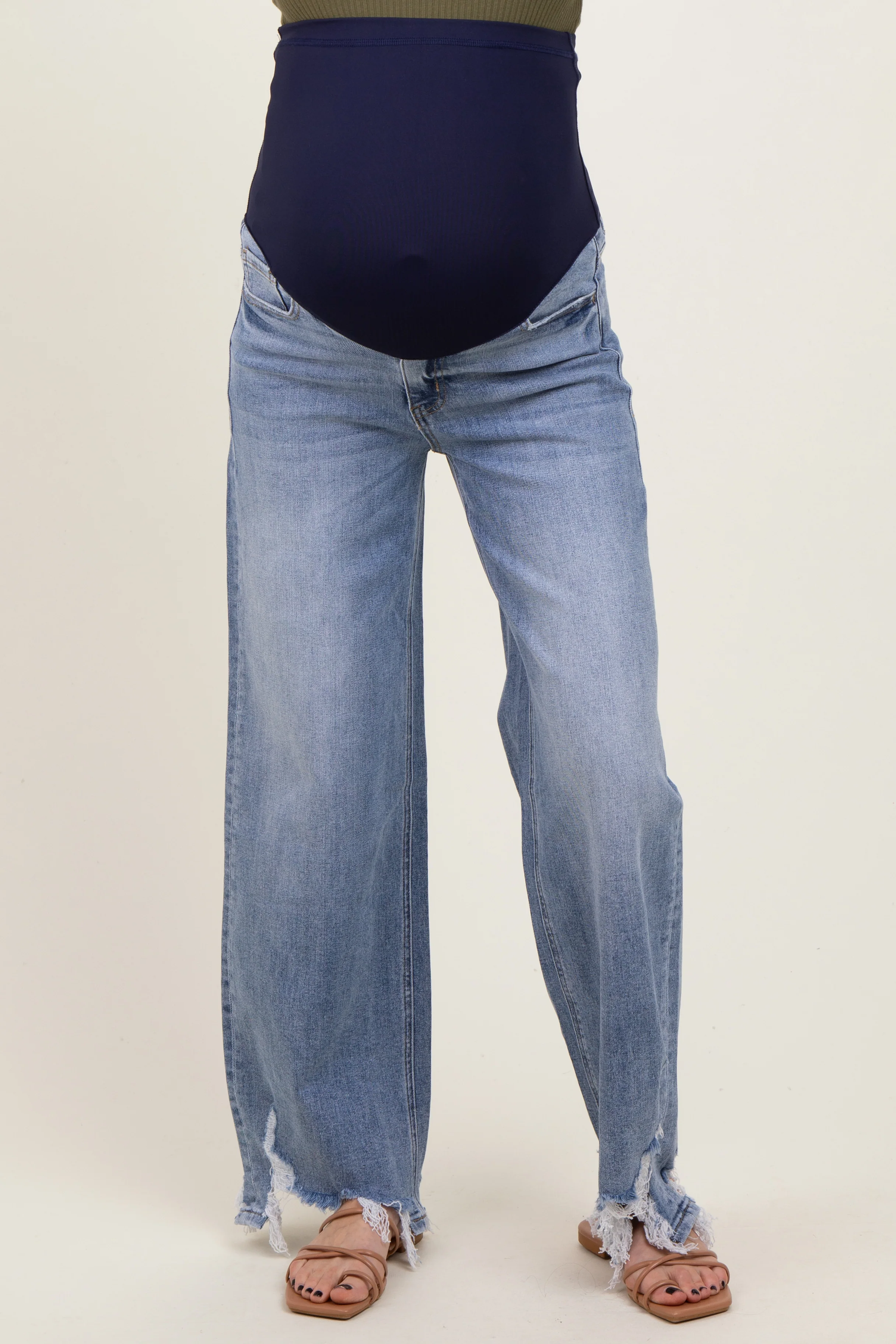 Light Blue Distressed Asymmetrical Fringe Hem Straight Leg Maternity Jeans - Image 3