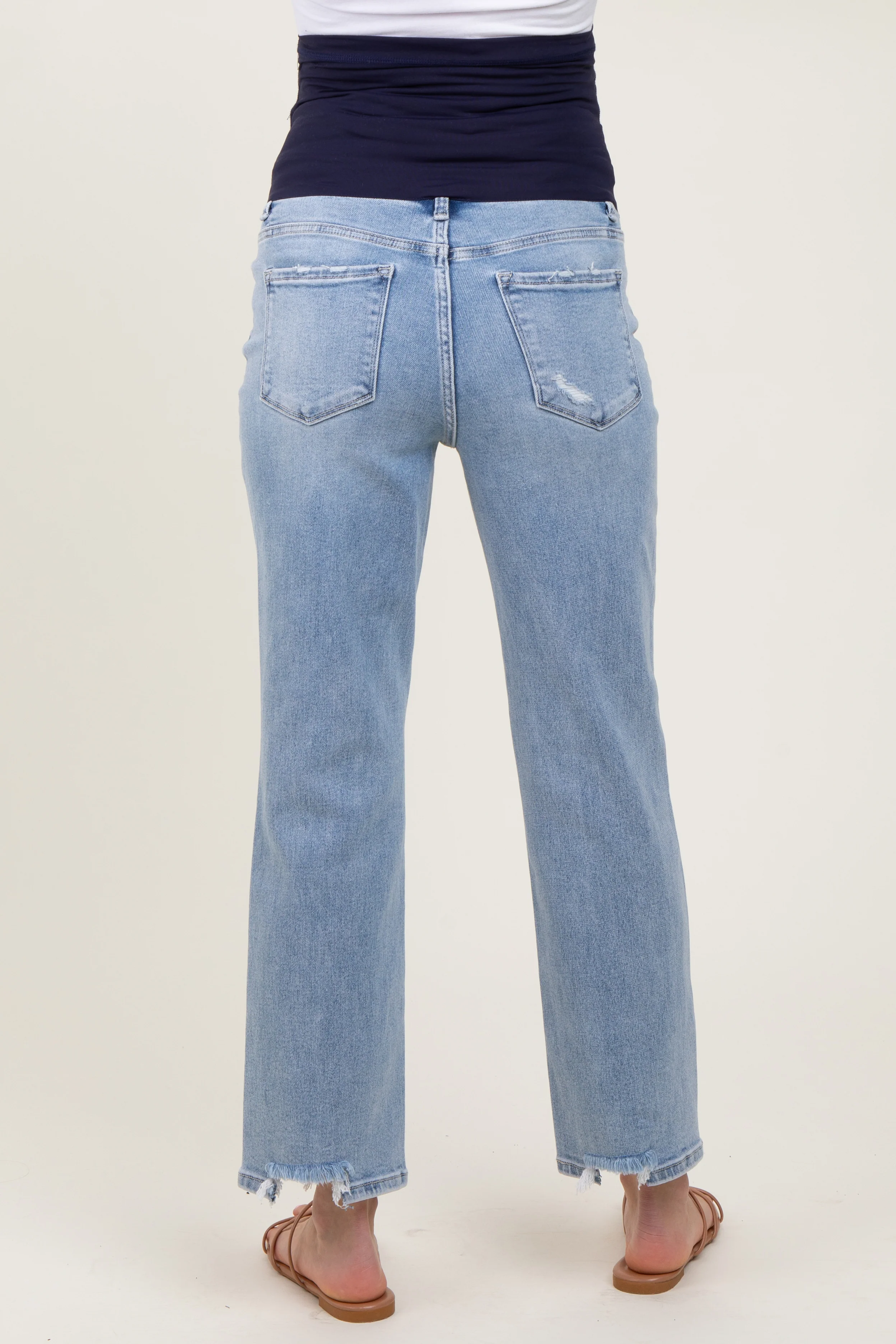 Light Blue Distressed Cutout Maternity Straight Leg Ankle Jeans - Image 6