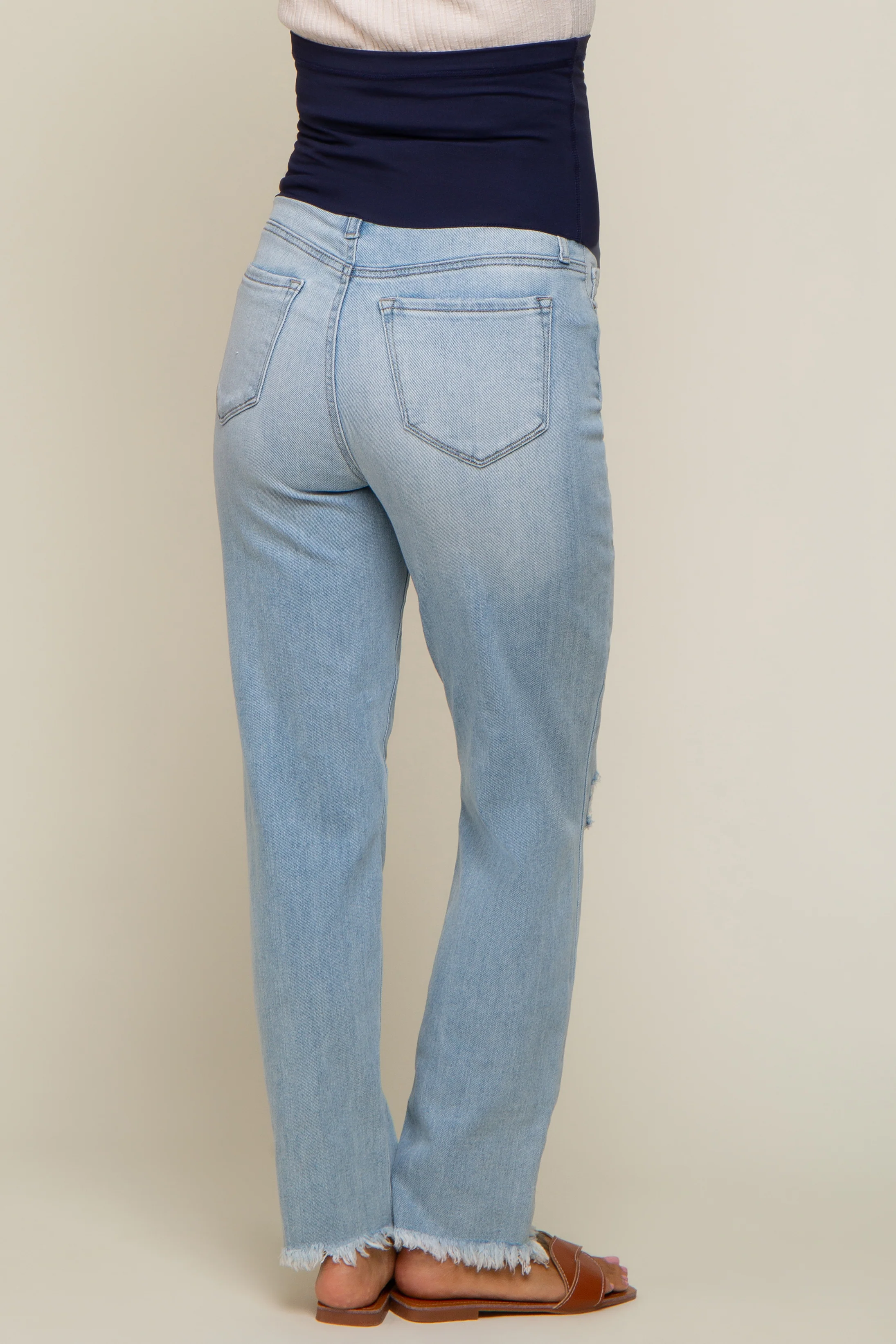 Light Blue Distressed Frayed Hem Maternity Jeans - Image 4